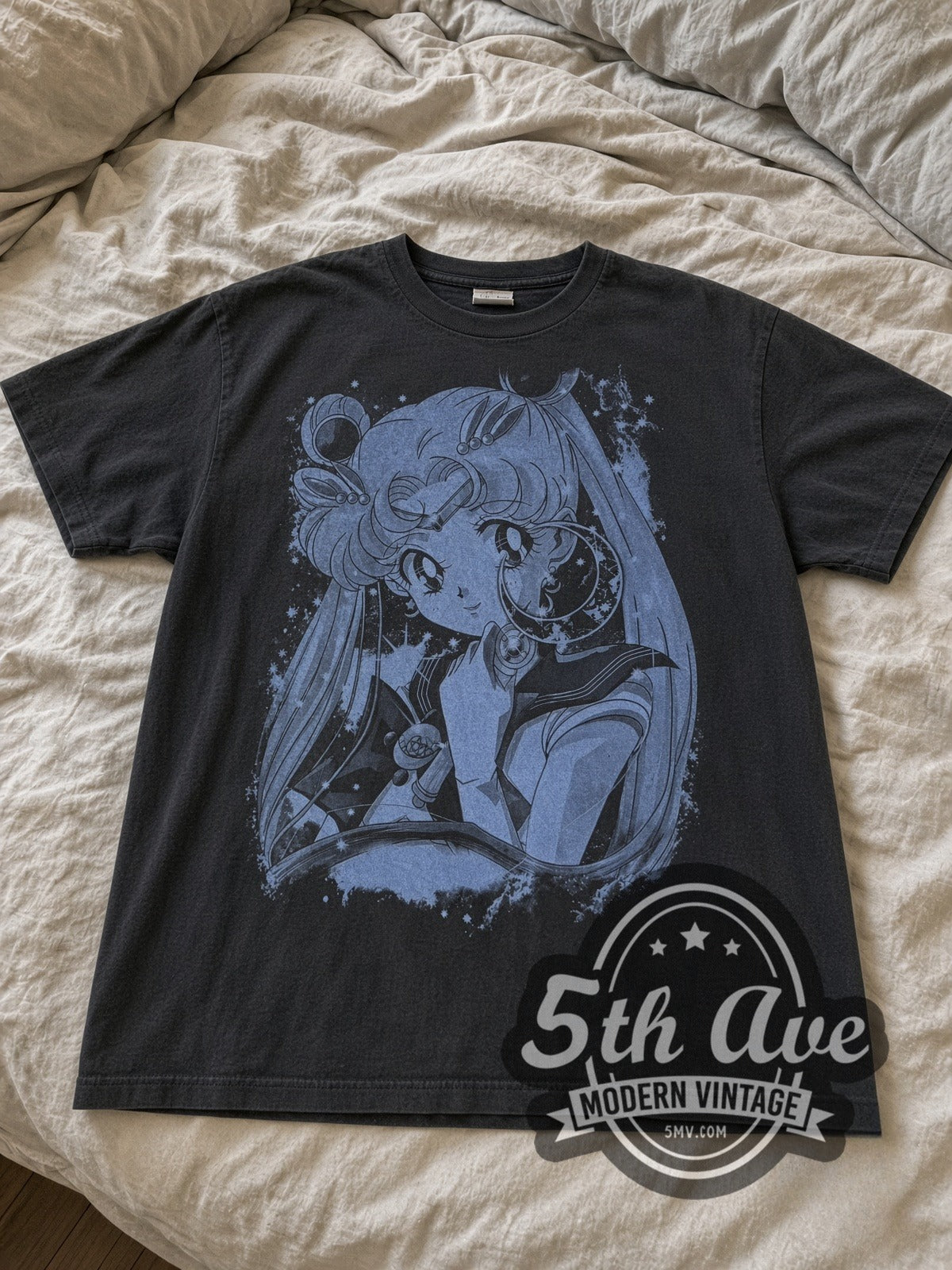 Sailor Moon Wand Portrait Blue vintage anime tee laid flat