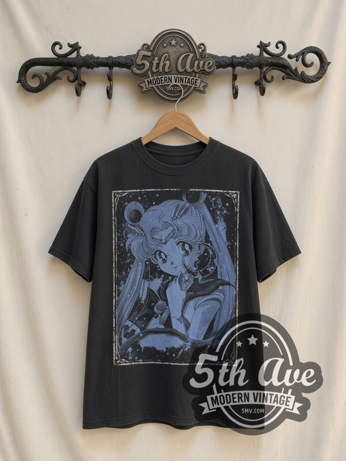 Sailor Moon Wand Portrait Blue vintage graphic t-shirt, front view on a display rack