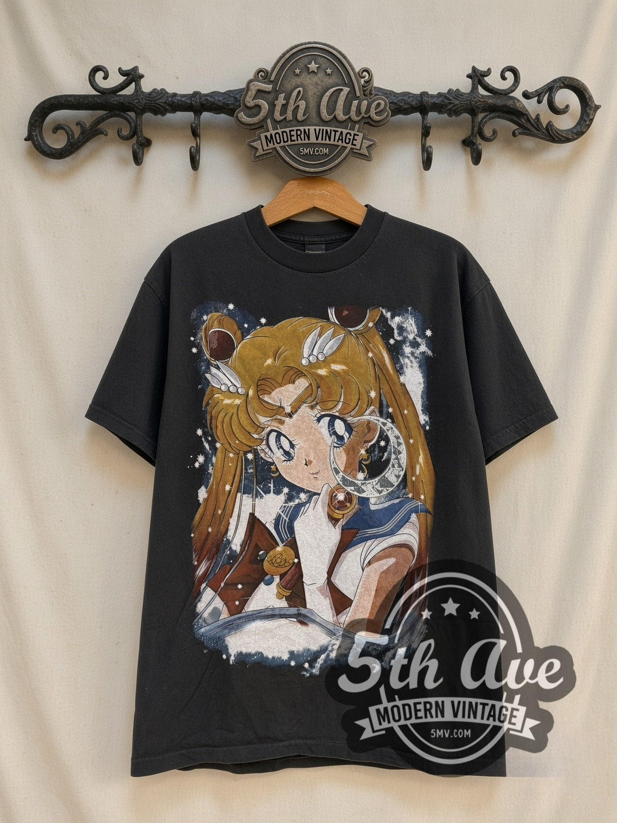 Sailor Moon Wand Portrait Color vintage graphic t-shirt, front view on a display rack