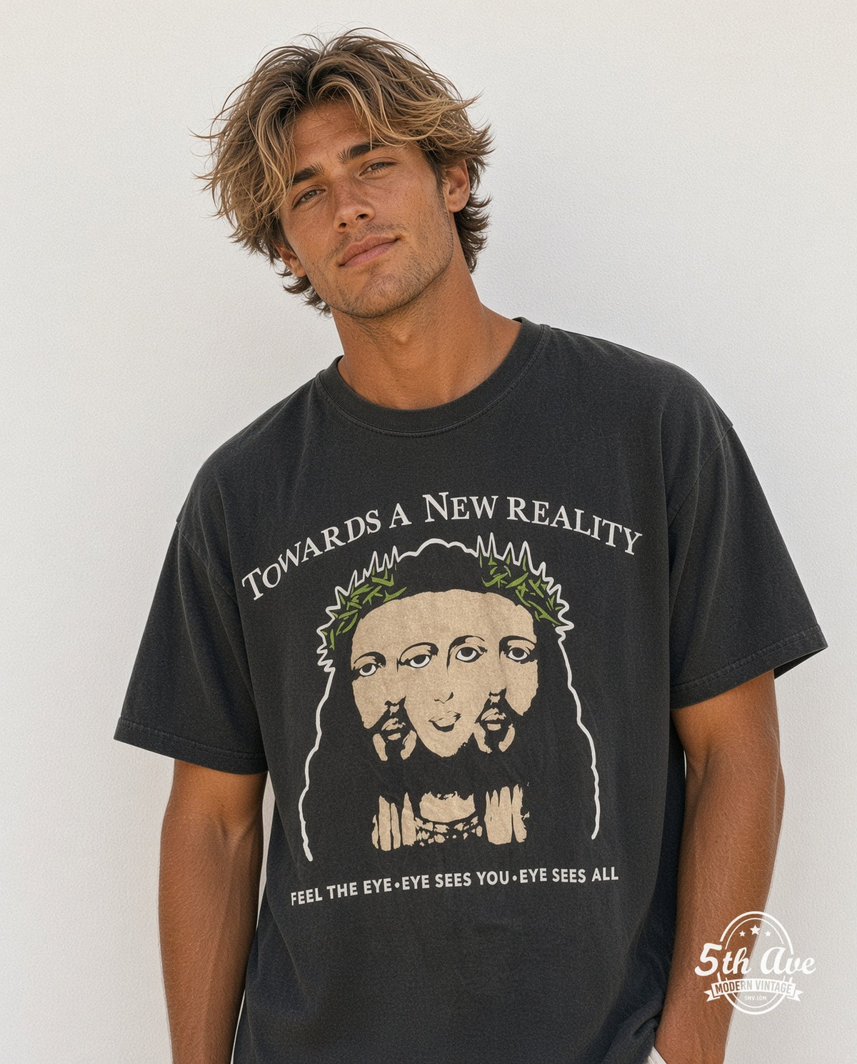 Model wearing SAINT Towards A New Reality Visions vintage t-shirt