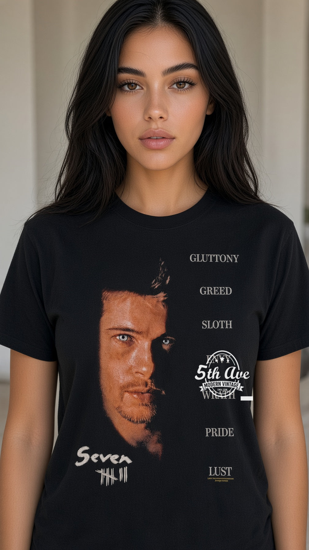 Model wearing Se7en Seven Deadly Sins vintage band tee
