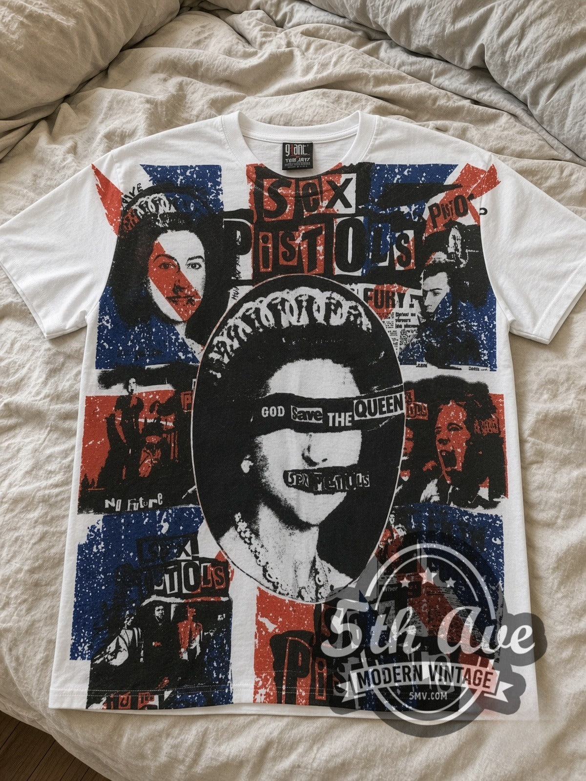 Sex Pistols God Save the Queen all-over-print vintage band tee laid flat