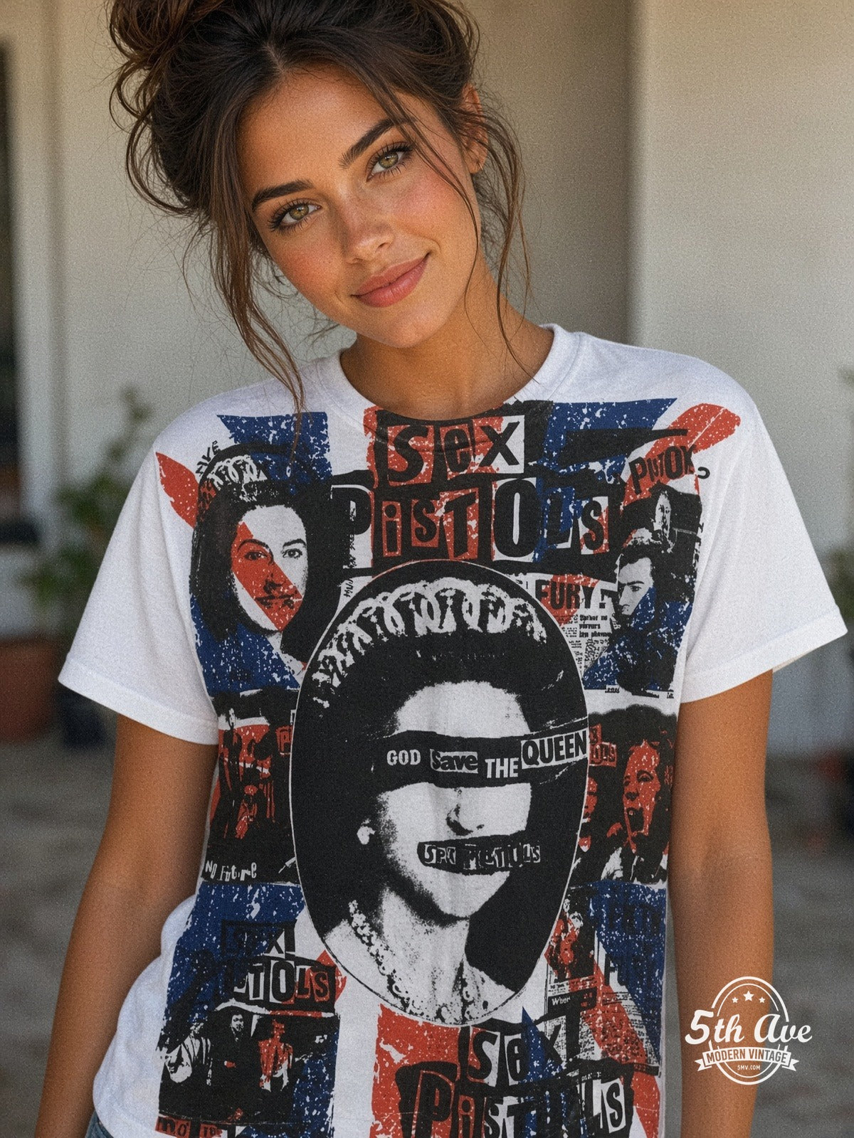 Sex Pistols God Save the Queen all over print vintage tee model wearing
