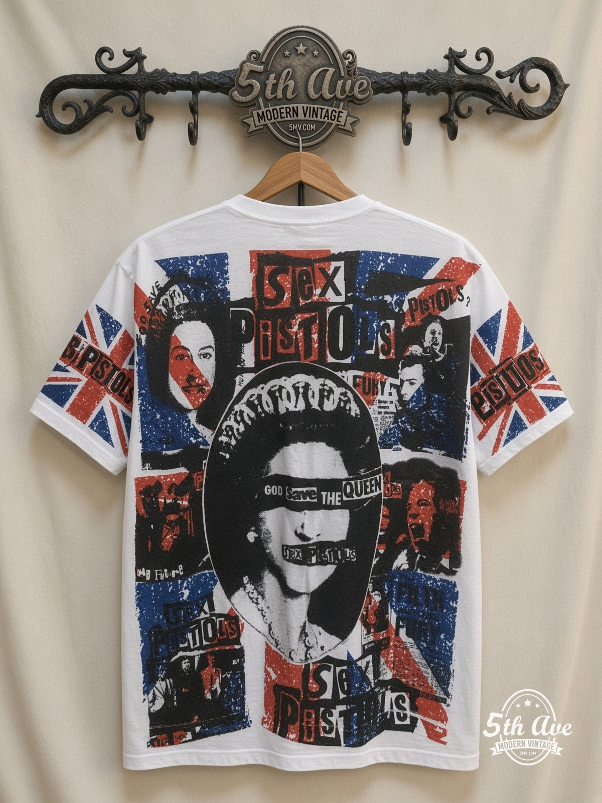 Sex Pistols God Save the Queen all over print vintage tee back on cream 5th Ave rack