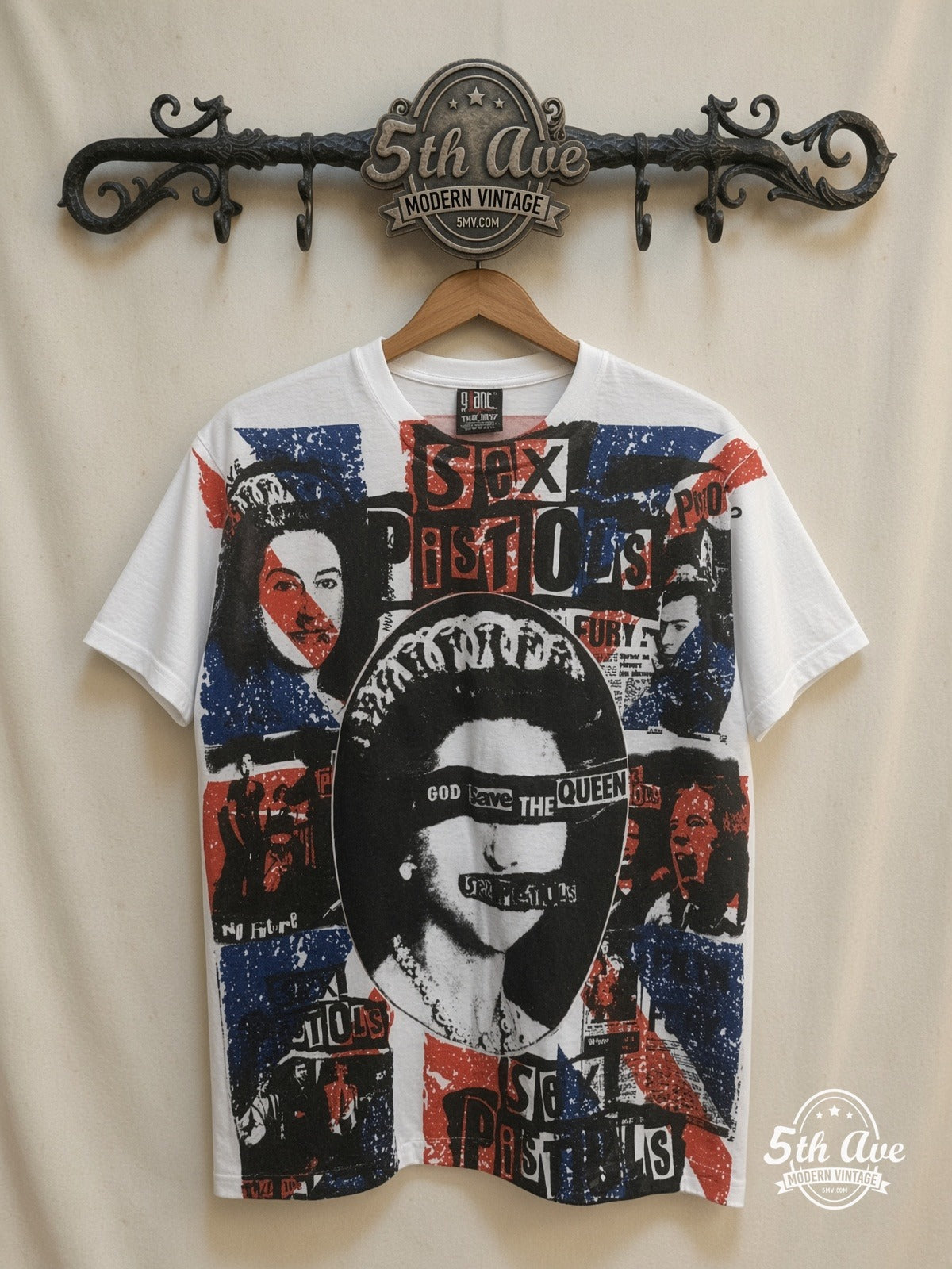 Sex Pistols God Save the Queen all over print vintage band t-shirt front on cream 5th Ave rack