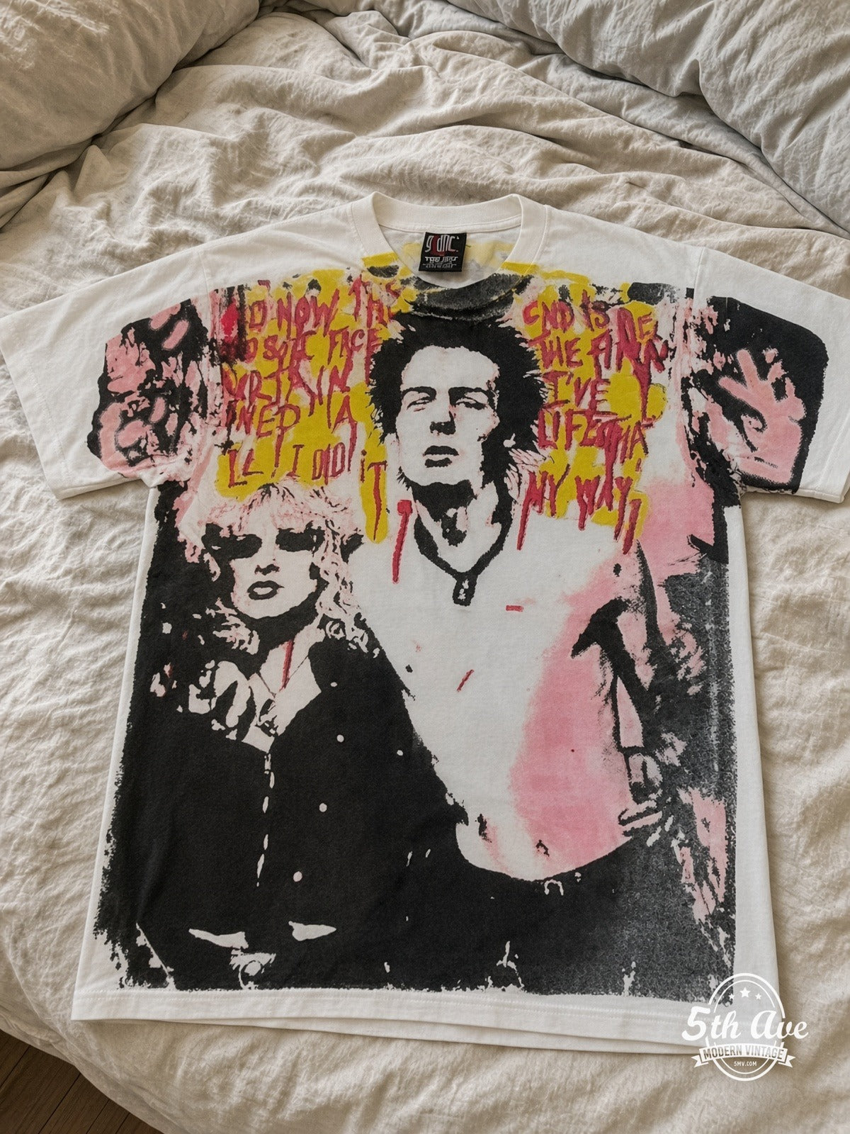 Sex Pistols Sid Nancy I Did It My Way all over print vintage tee laid on bed