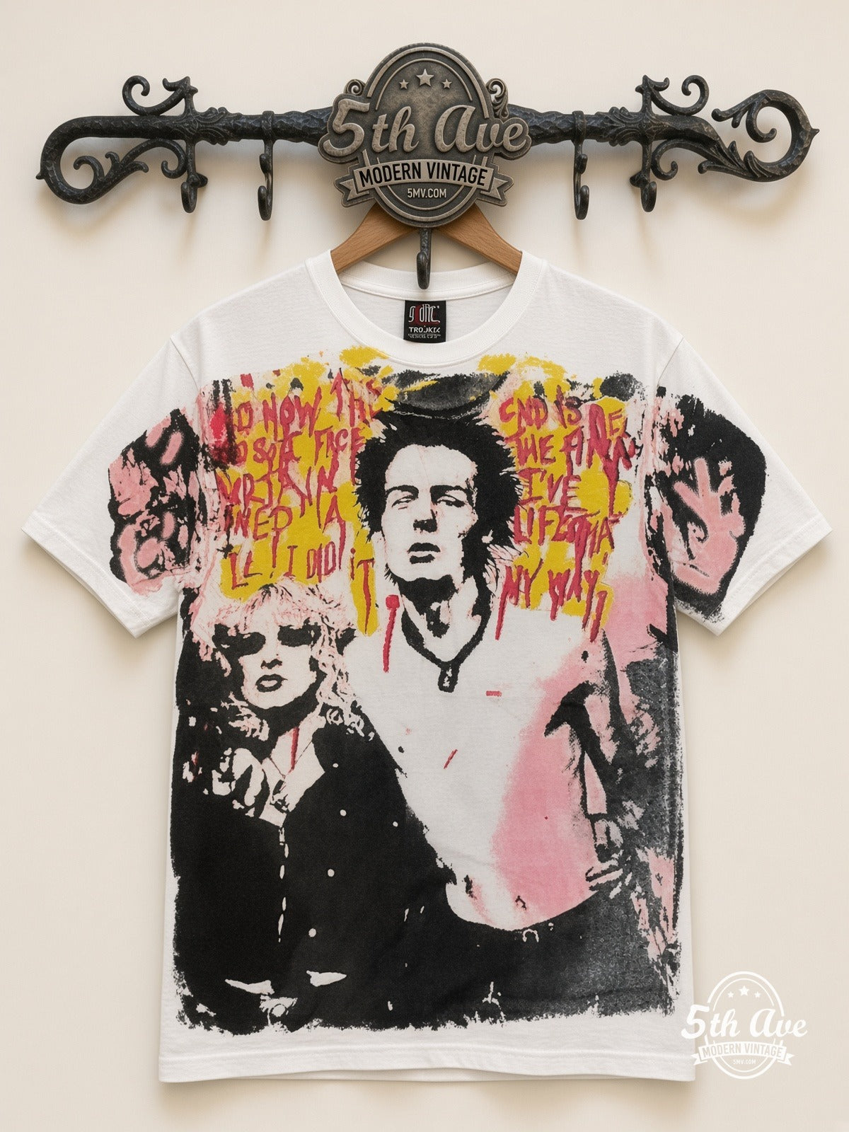Sex Pistols Sid Nancy I Did It My Way all over print vintage band t-shirt front on cream 5th Ave rack