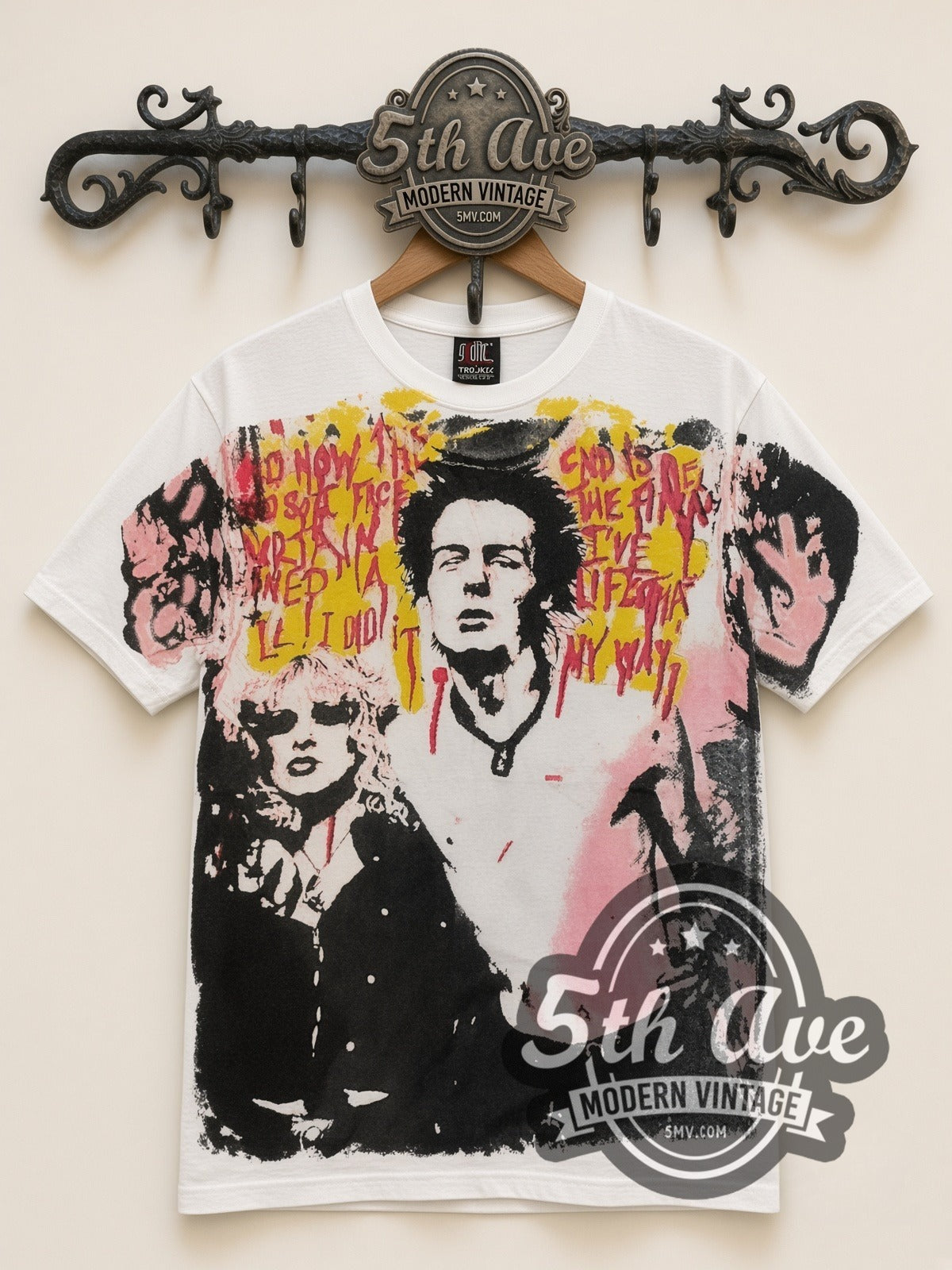 Sex Pistols Sid Nancy I Did It My Way all-over-print vintage band t-shirt in white, front view on a display rack
