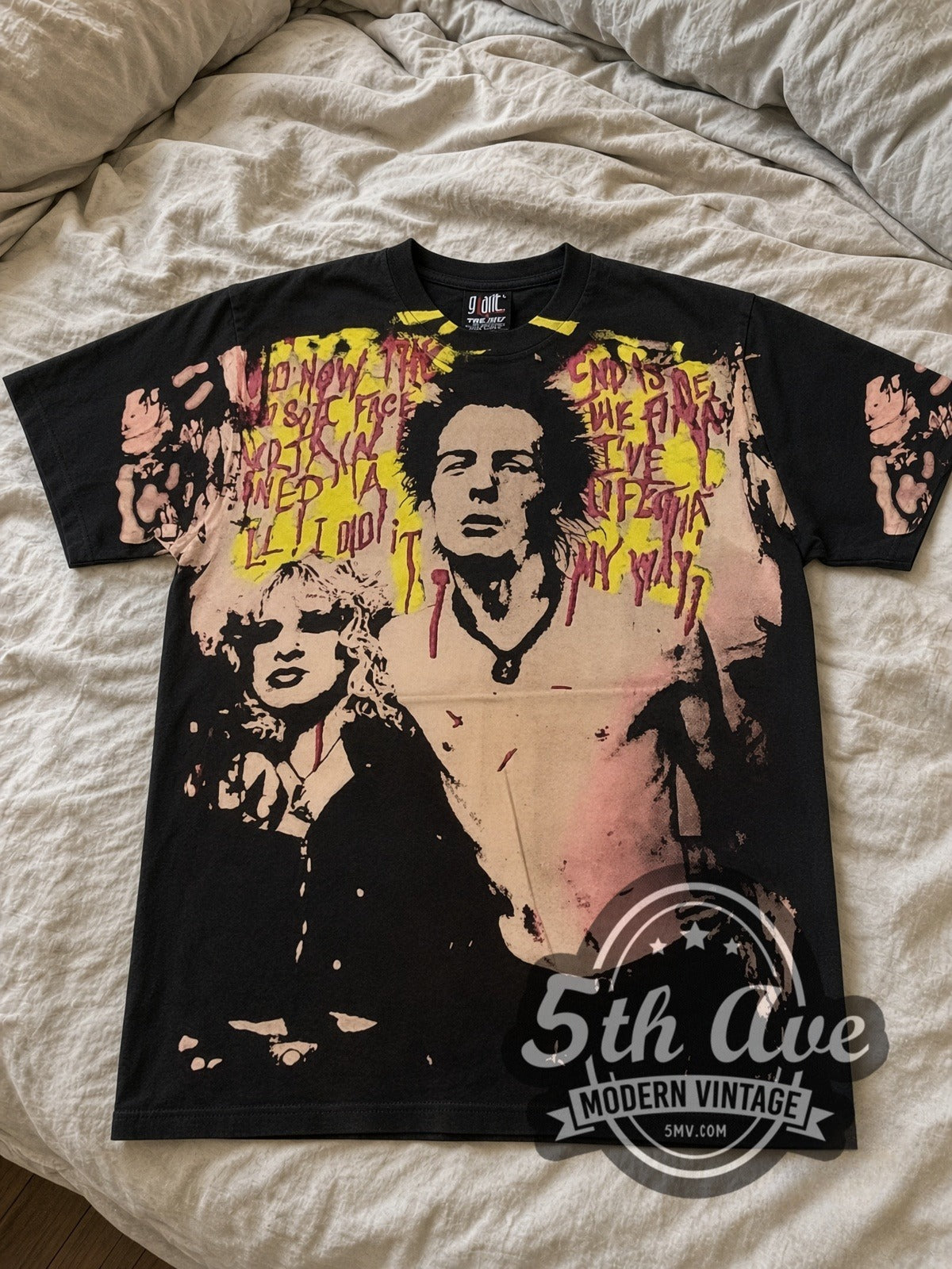 Sex Pistols Sid Vicious Nancy Spungen all-over-print vintage band tee laid flat