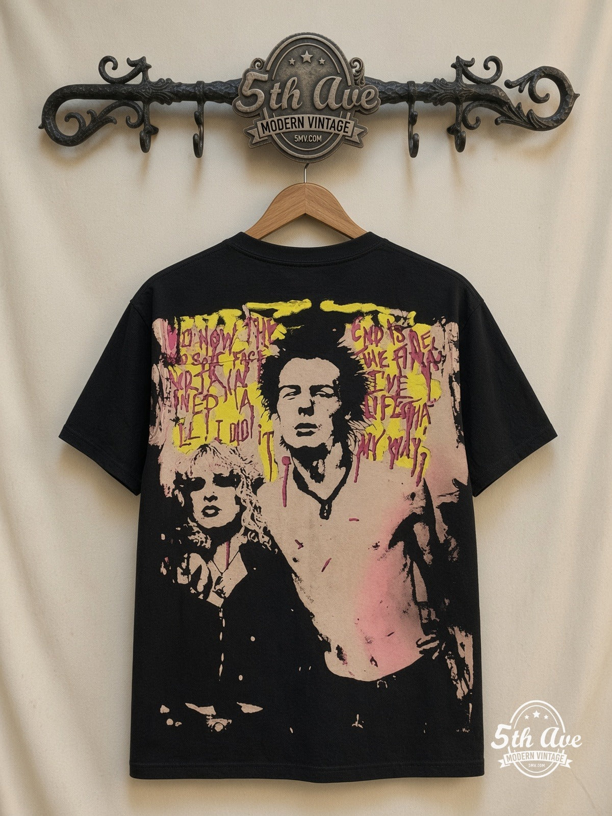 Sex Pistols Sid Vicious Nancy Spungen all over print vintage tee back on cream 5th Ave rack