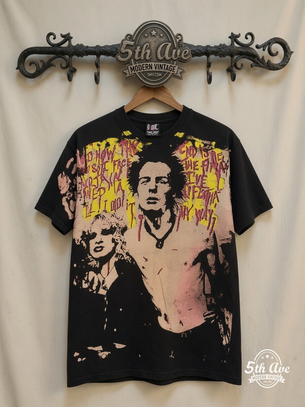 Sex Pistols Sid Vicious Nancy Spungen all over print vintage band t-shirt front on cream 5th Ave rack