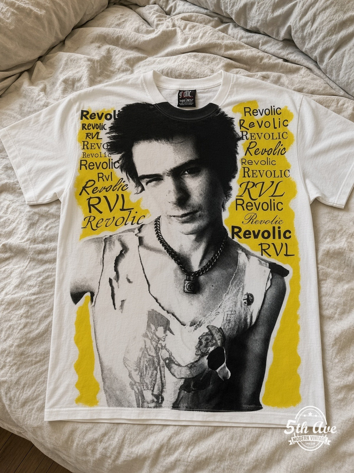 Sex Pistols Sid Vicious Revolic all over print vintage tee laid on bed