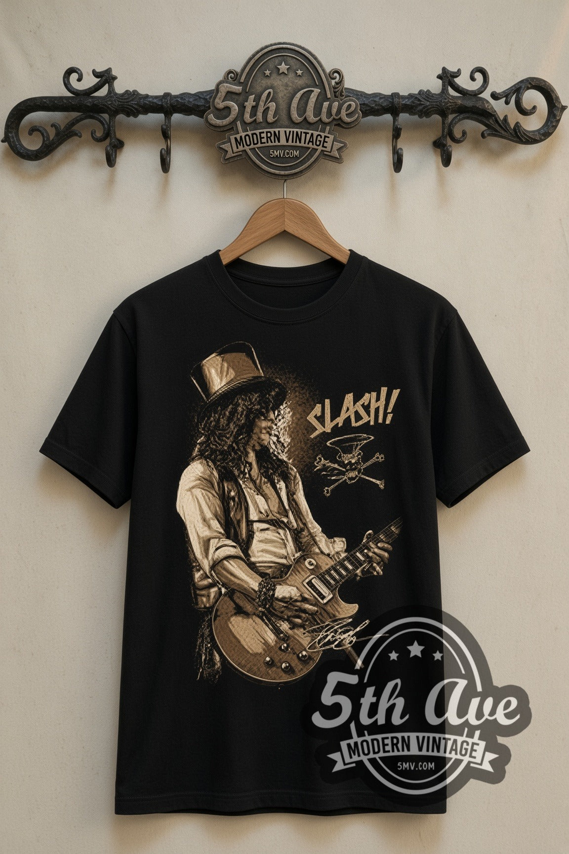 Slash Top Hat with Les Paul double stitched black tee front on dark iron 5th Ave rack
