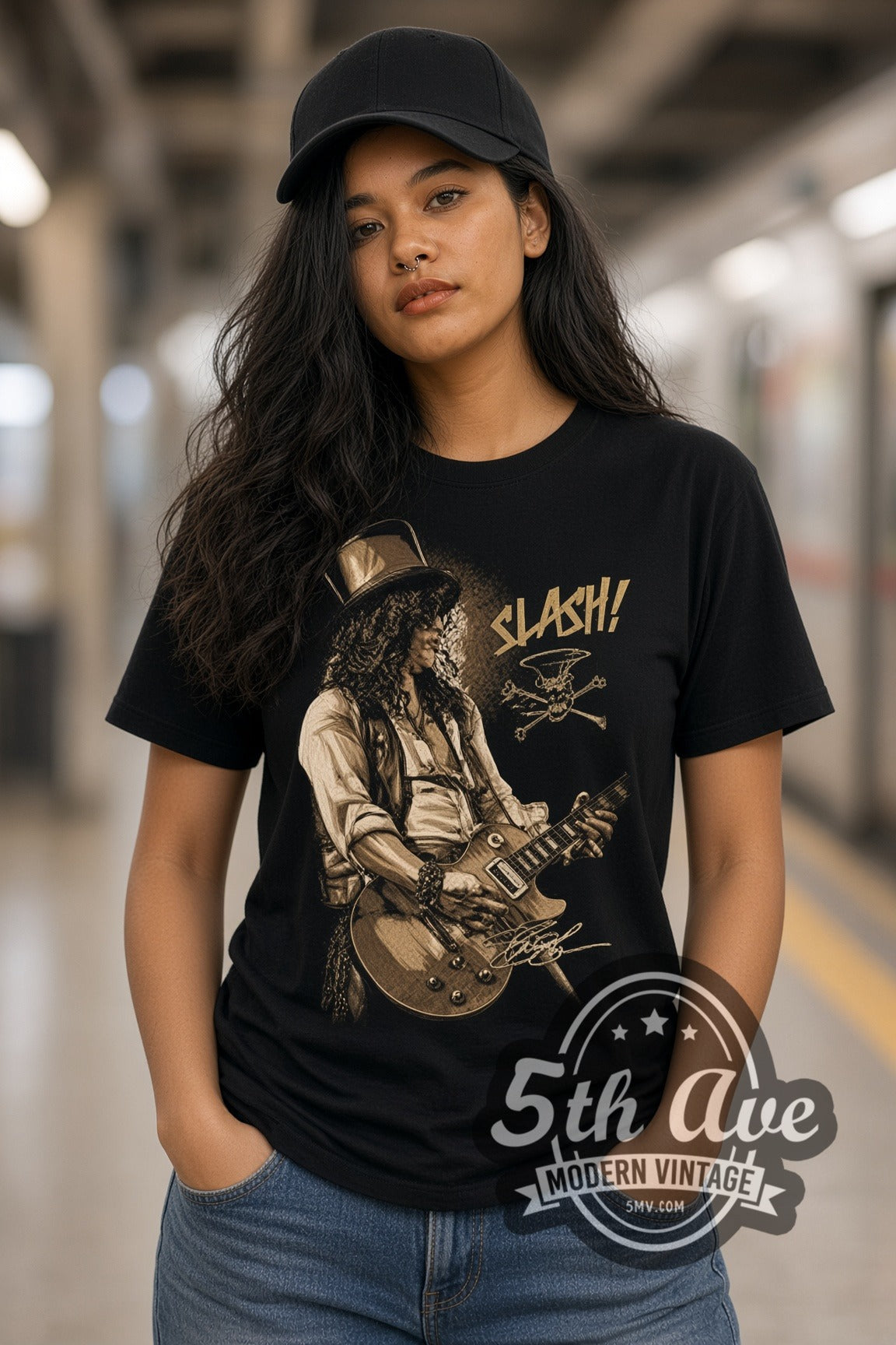 Woman wearing Slash Top Hat with Les Paul double stitched black graphic tee
