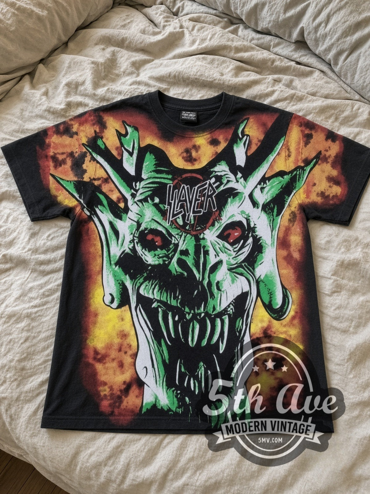 Slayer Demon Flames all-over-print vintage band tee laid flat