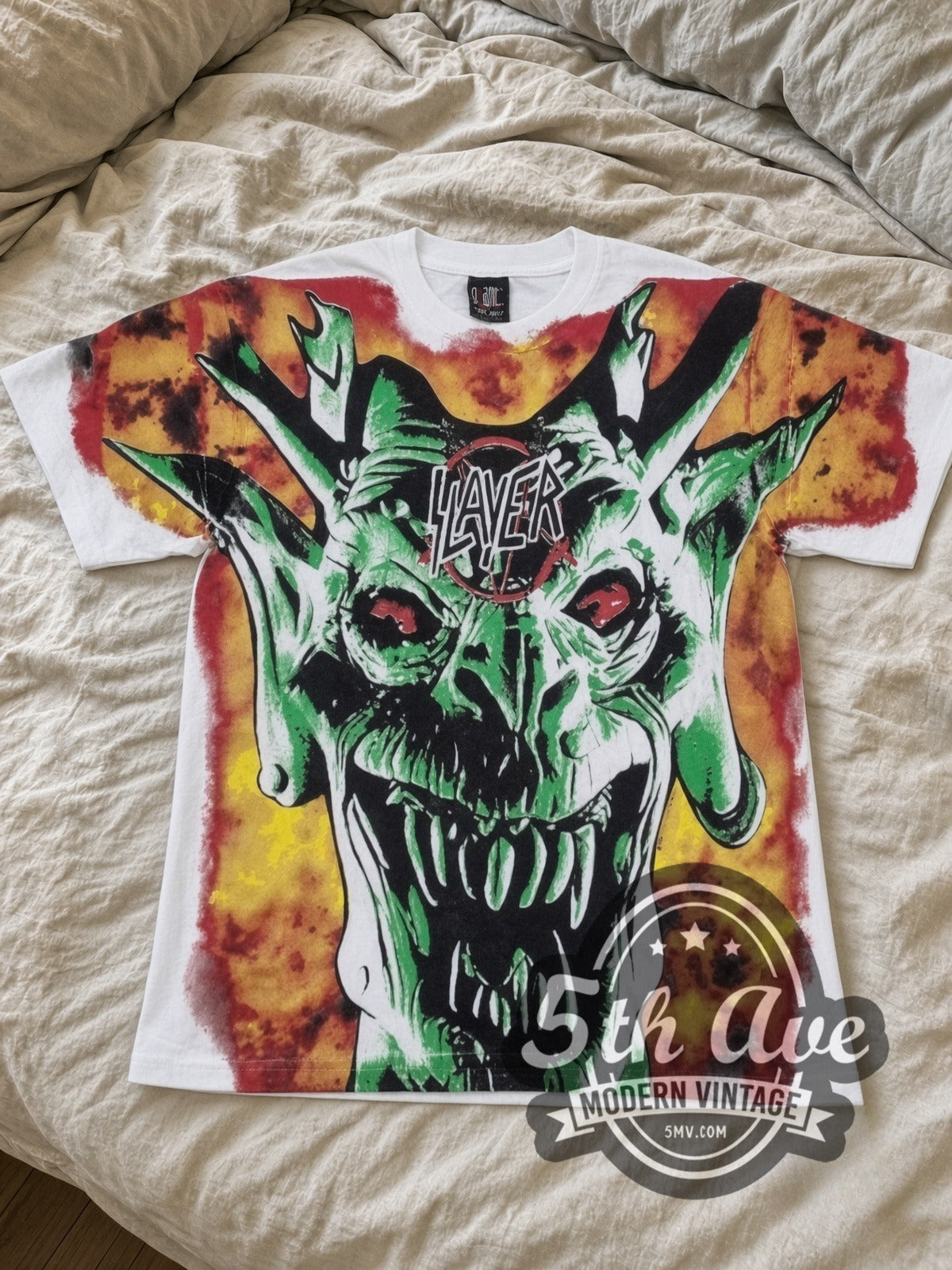 Slayer Demon Flames White all-over-print vintage band tee laid flat