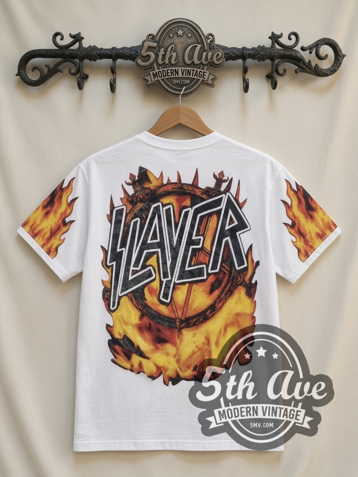 Slayer Demon Flames all-over-print vintage band t-shirt in white, back view on a display rack