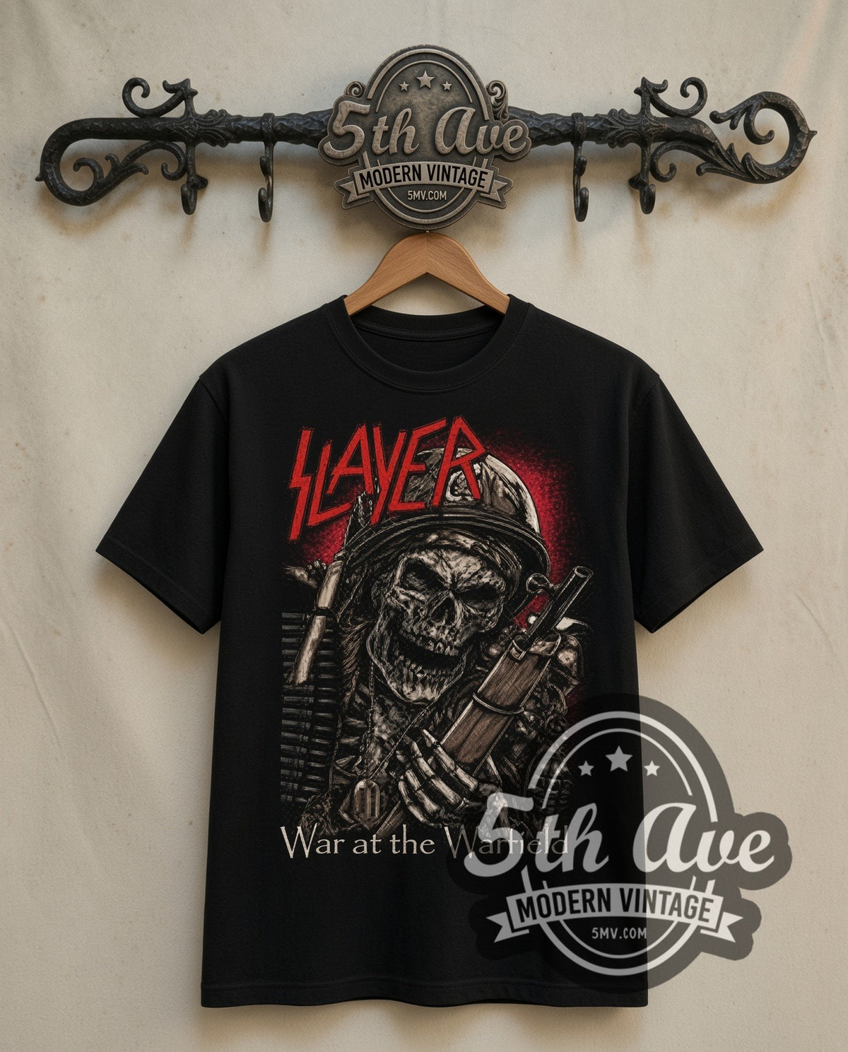 Slayer War at the Warfield Skeleton Soldier double stitched black tee front on dark iron 5th Ave rack