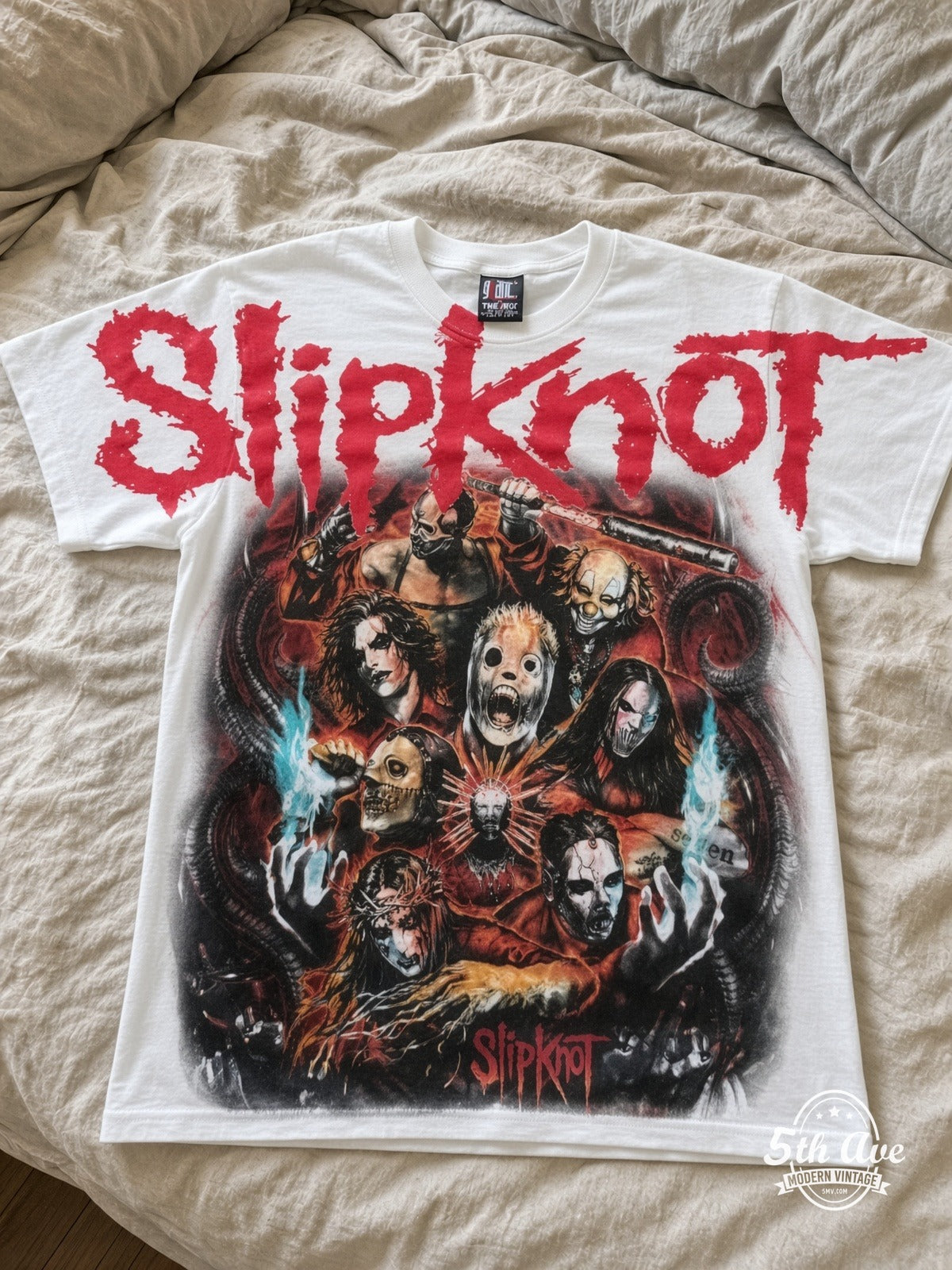 Slipknot Band Circle Nonagram all over print vintage tee laid on bed