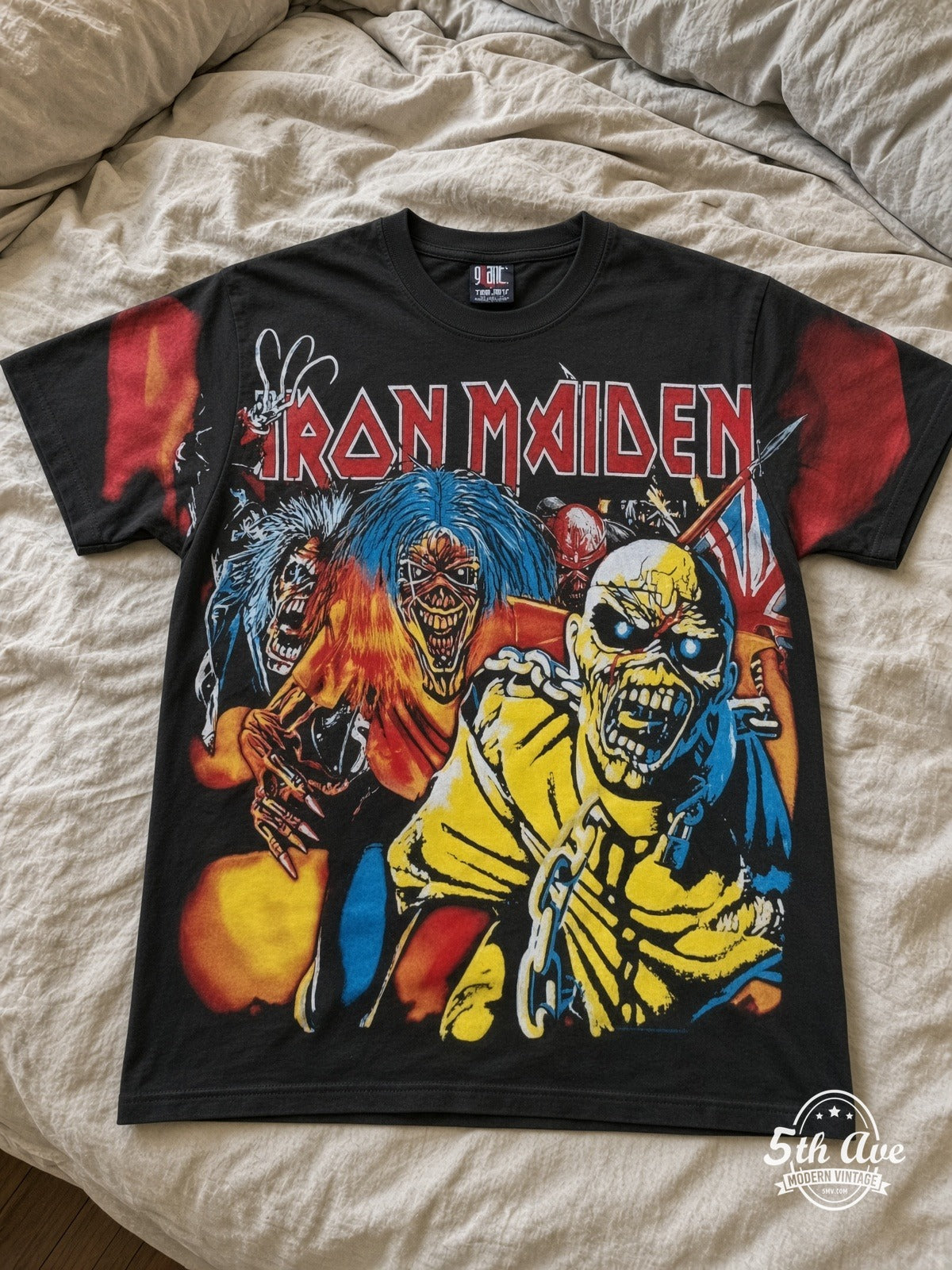 Slipknot Band Circle Nonagram all-over-print vintage band t-shirt in white, back view on a display rack