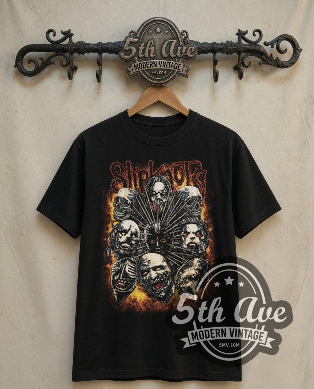 Slipknot Masks Cluster with Flames double stitched black tee front on dark iron 5th Ave rack