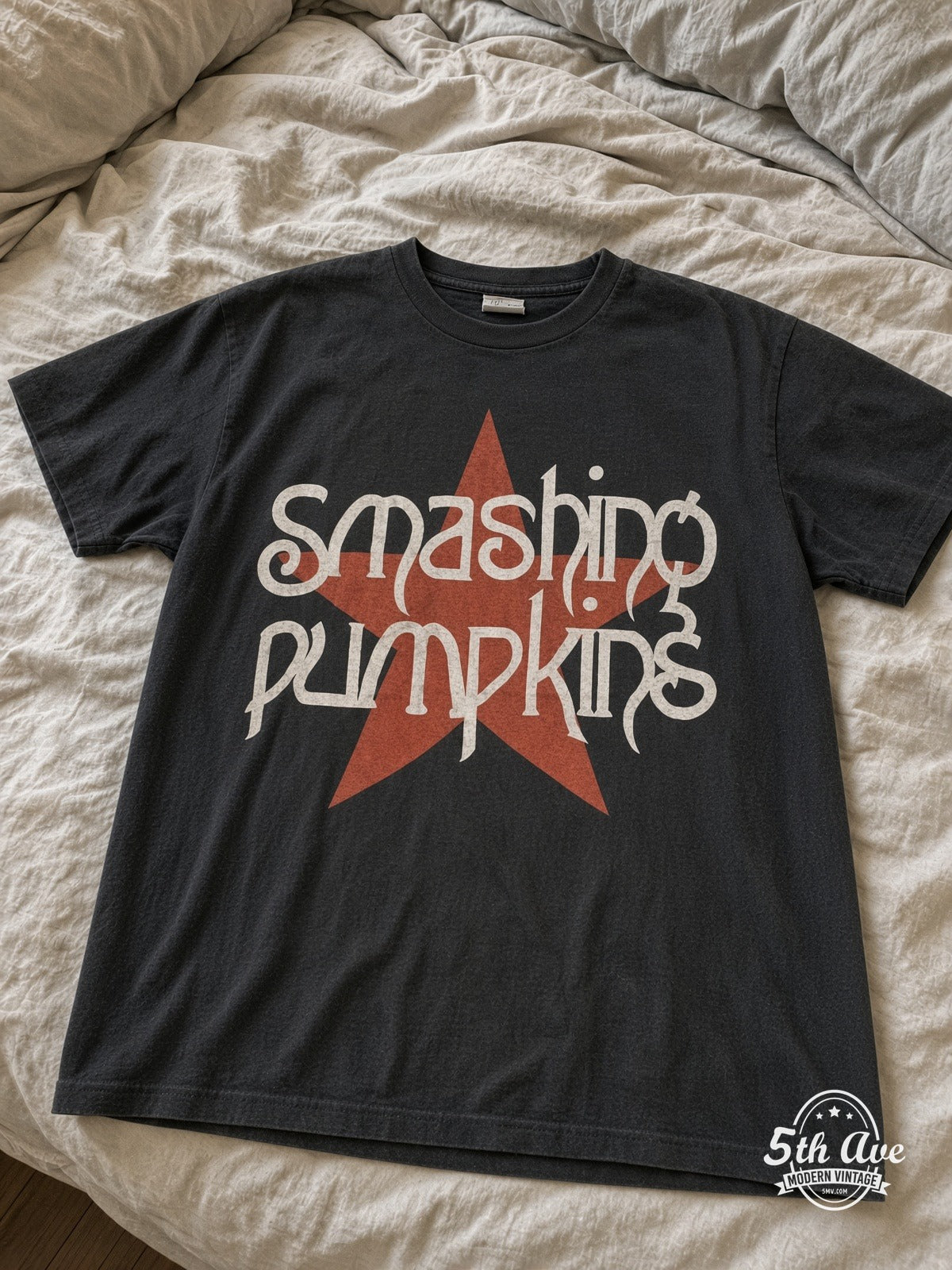 Smashing Pumpkins Red Star / Just Say Maybe vintage tee laid on bed