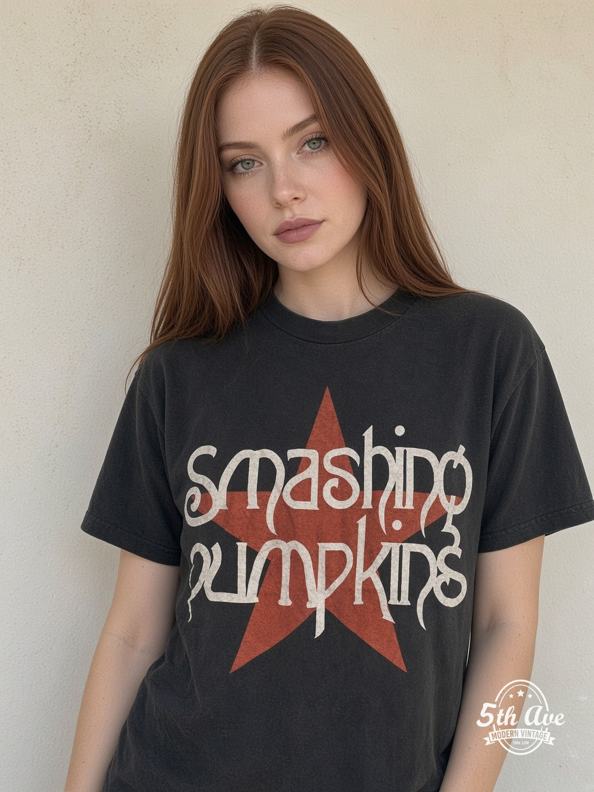 Model wearing Smashing Pumpkins Red Star / Just Say Maybe vintage t-shirt