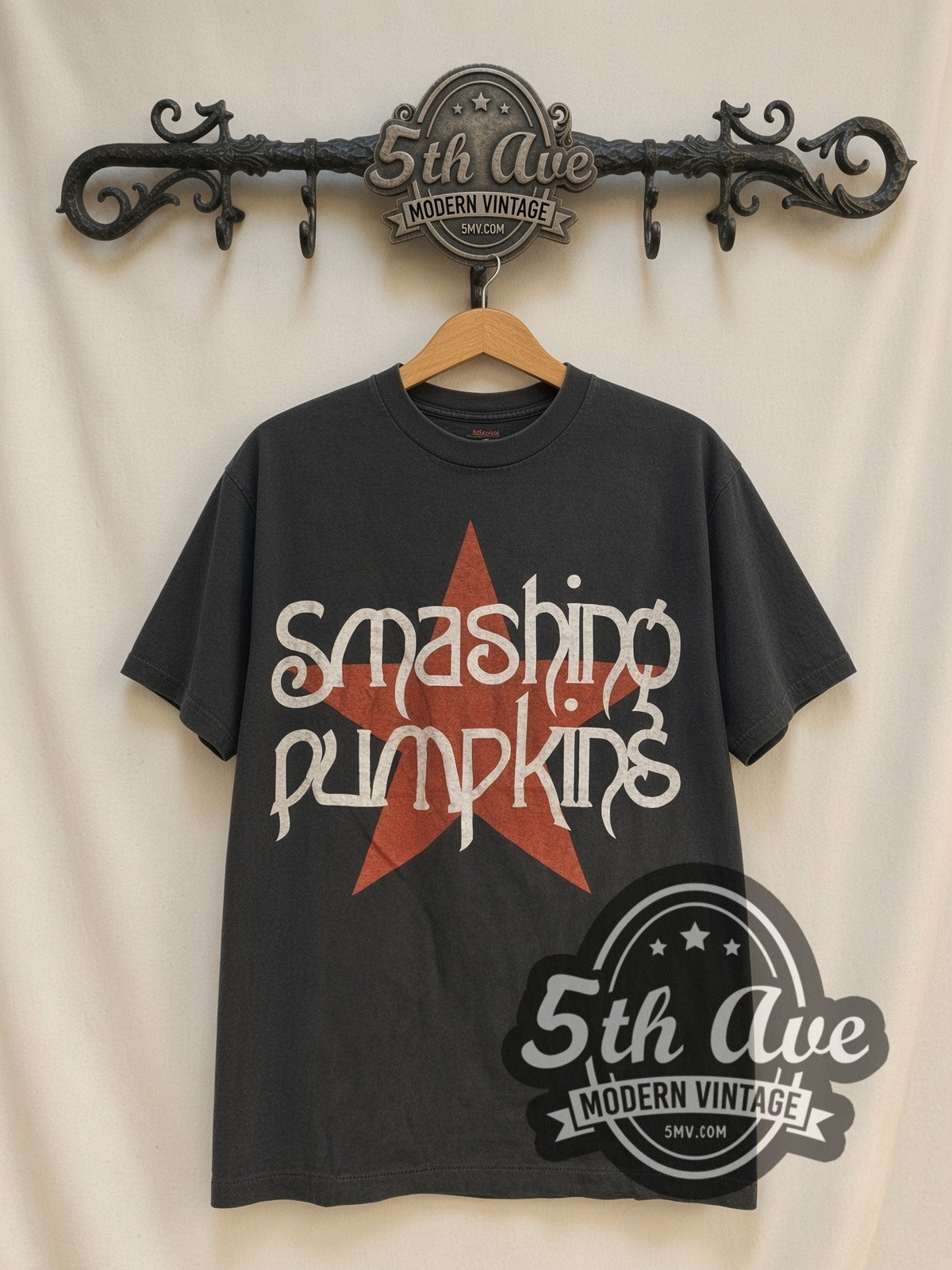Smashing Pumpkins Red Star / Just Say Maybe vintage band t-shirt, front view on a display rack
