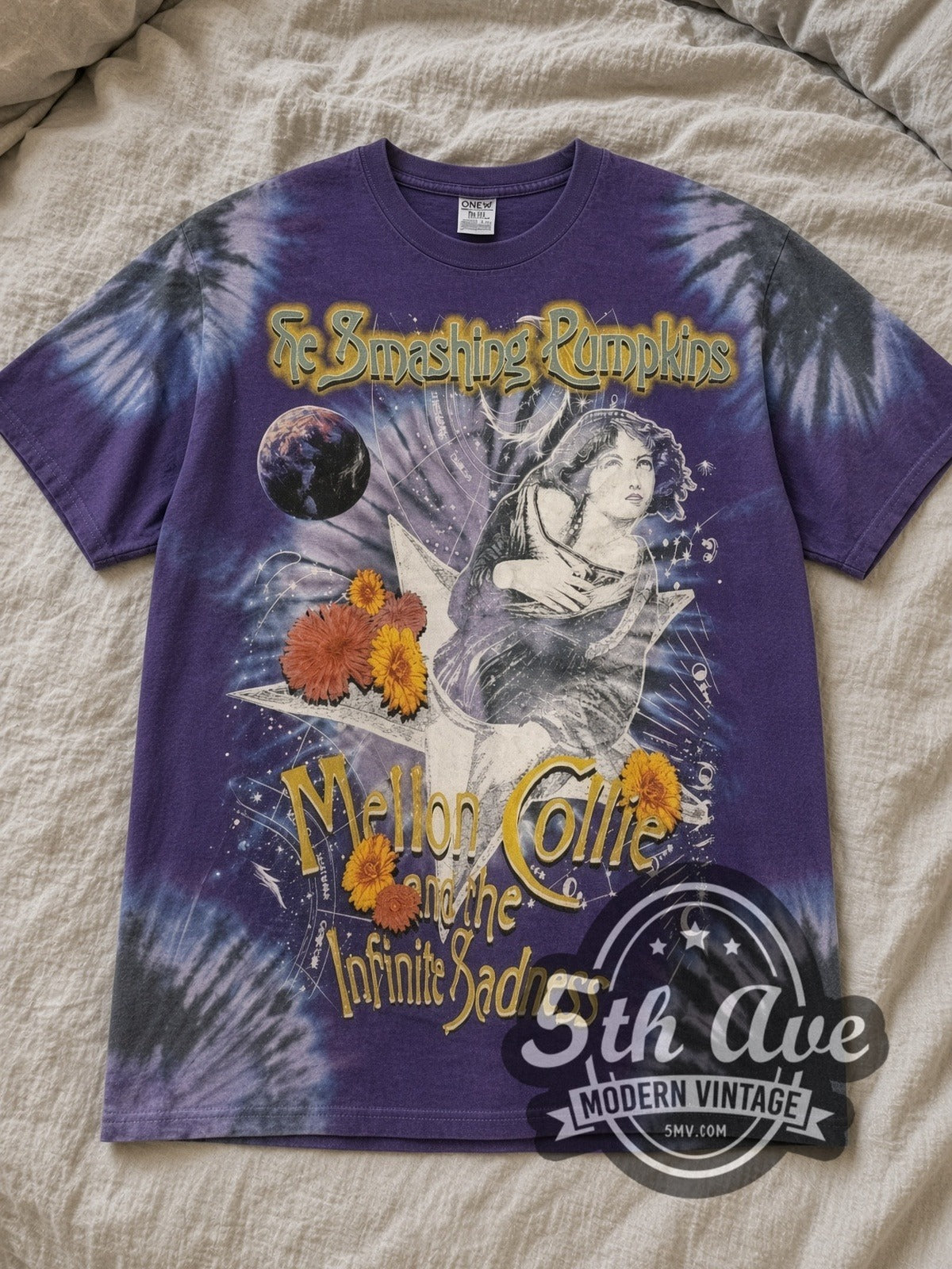 Purple Tie-Dye Smashing Pumpkins The Infinite Sadness Tour Tie Dye All-Over Print Vintage Band T-Shirt laid flat on a linen bed