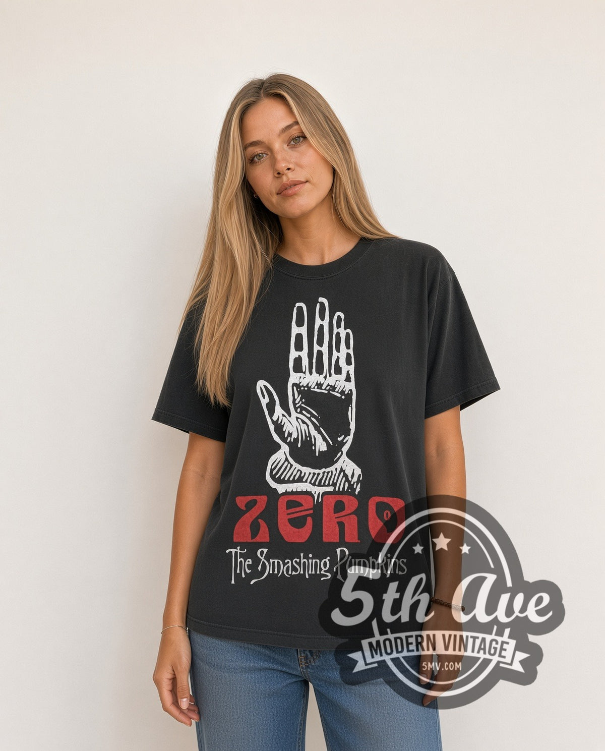 Woman wearing Smashing Pumpkins Zero hand 96 tour vintage band t-shirt