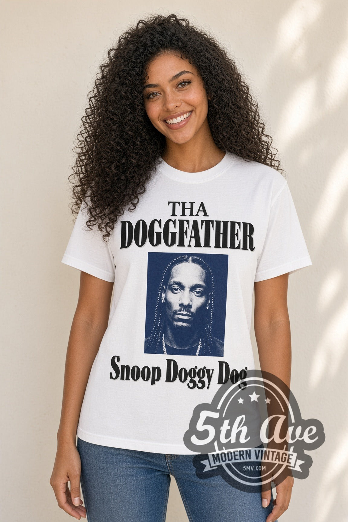 Woman wearing white Snoop Doggy Dogg vintage rap t-shirt
