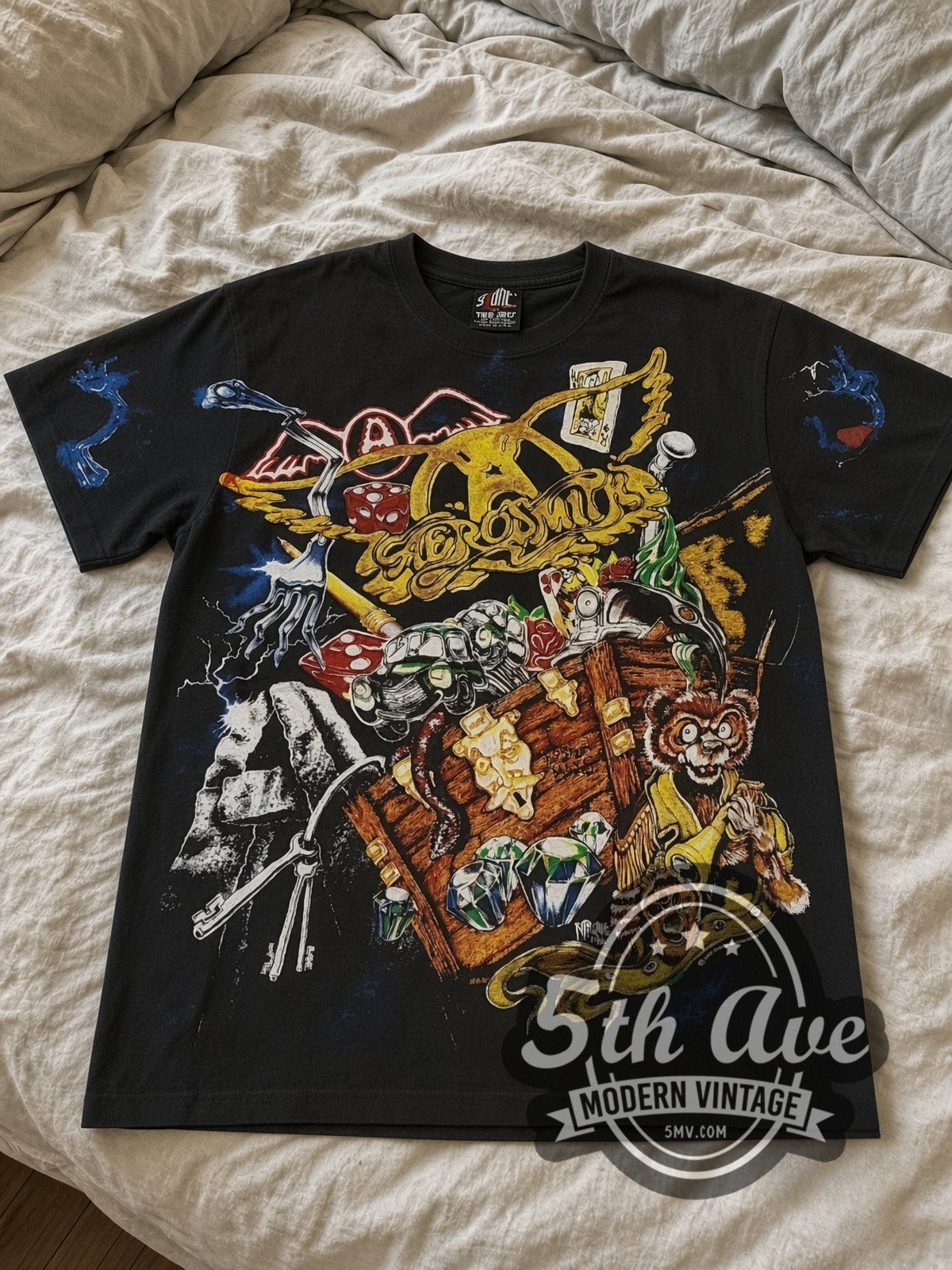 Aerosmith Treasure Chest all-over-print vintage band tee laid flat