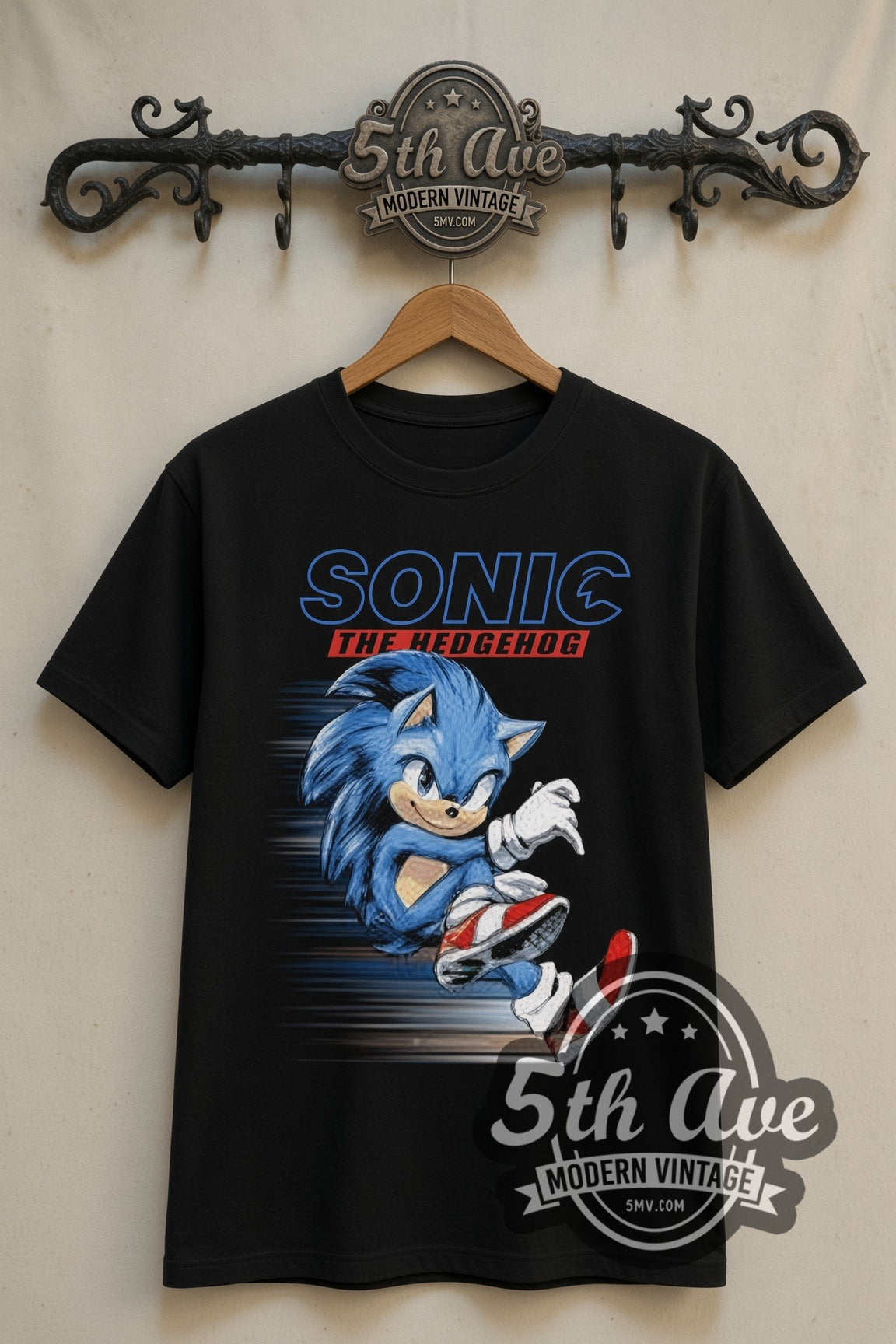 Sonic the Hedgehog running double stitched black tee front on dark iron 5th Ave rack
