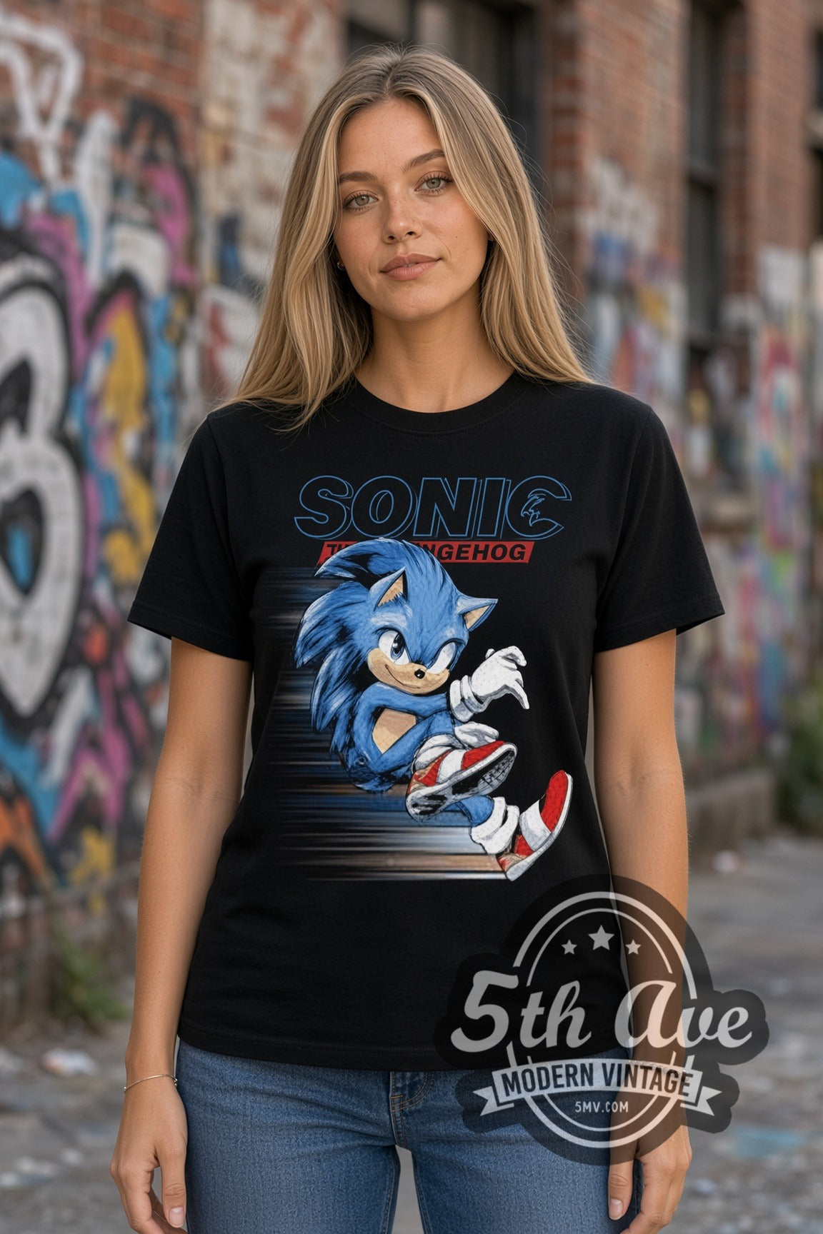 Woman wearing Sonic the Hedgehog running double stitched black graphic tee