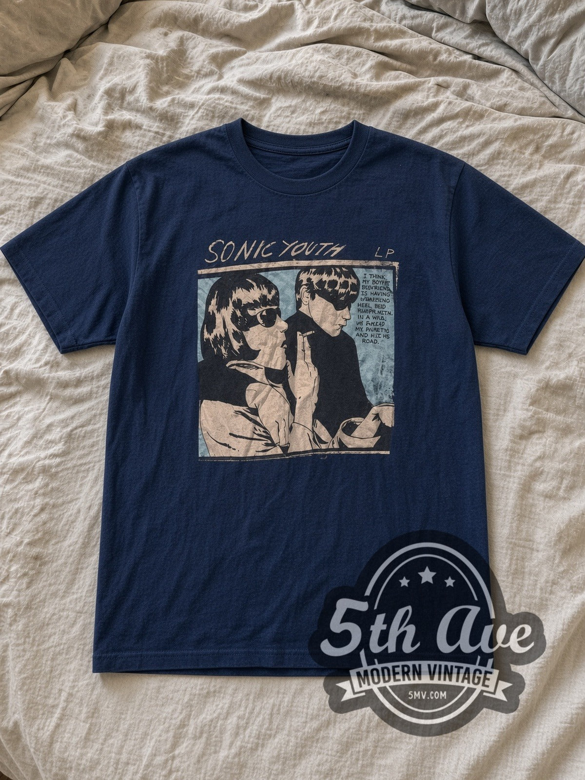 Navy Sonic Youth Goo Album Cover Vintage Band T-Shirt laid flat on a linen bed