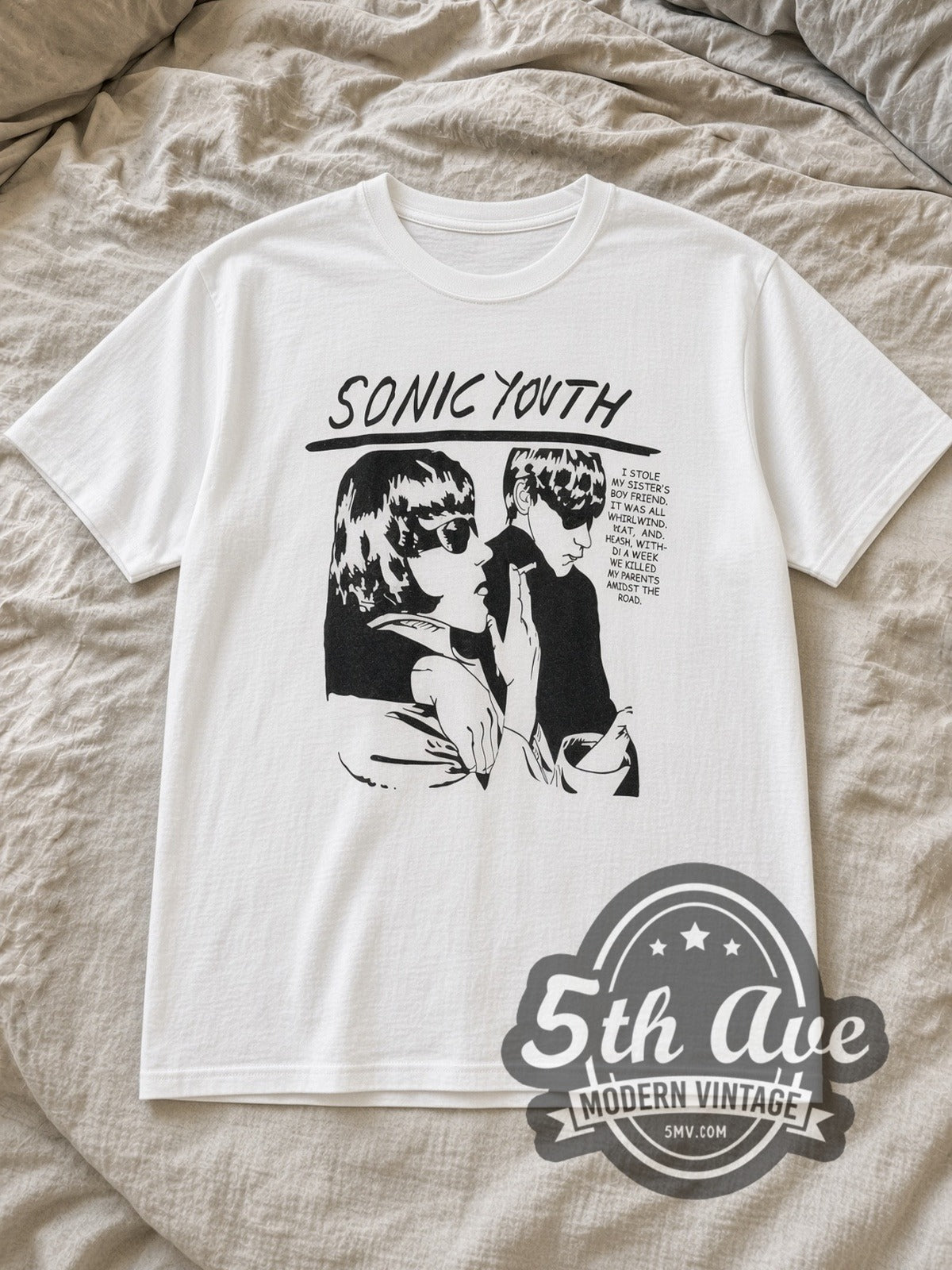 White Sonic Youth Goo Album Cover White Vintage Band T-Shirt laid flat on a linen bed