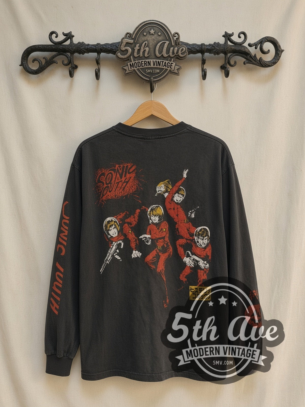 Sonic Youth Goo / Noisy Band from N.Y.C. vintage band long sleeve t-shirt, back view on a display rack