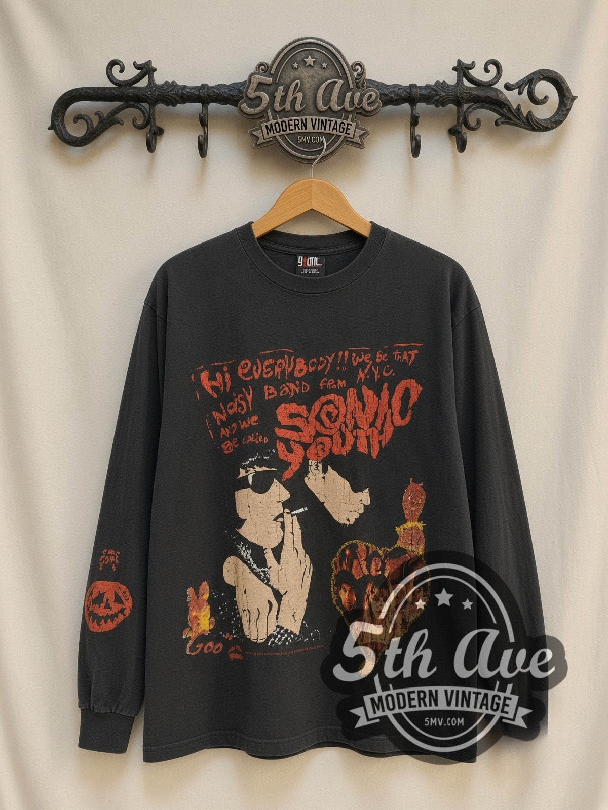 Sonic Youth Goo / Noisy Band from N.Y.C. vintage band long sleeve t-shirt, front view on a display rack