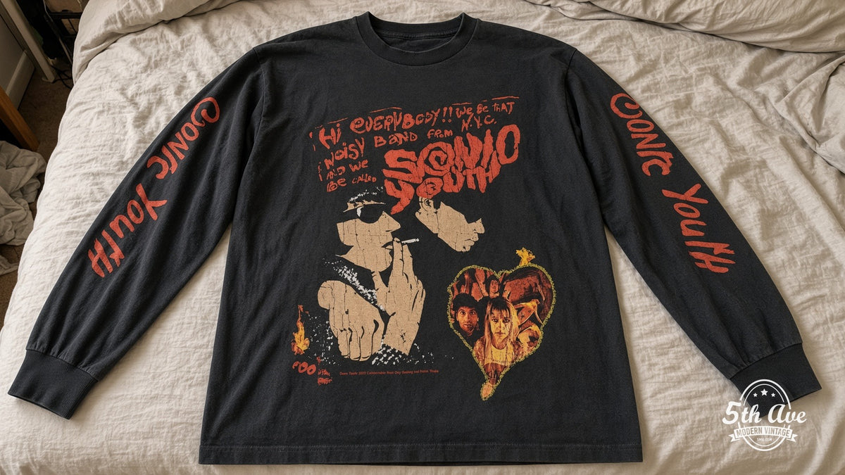 Sonic Youth vintage t-shirt laid on bed