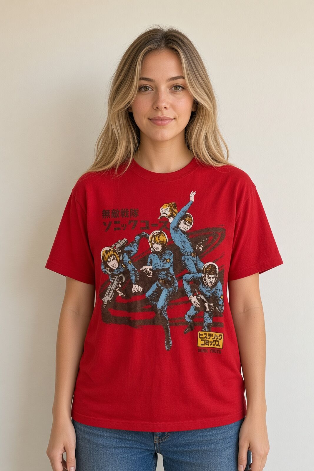 Model wearing Sonic Youth red vintage band t-shirt