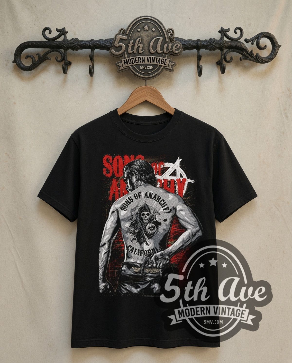 Sons of Anarchy Jax Back Patch double stitched black tee front on dark iron 5th Ave rack