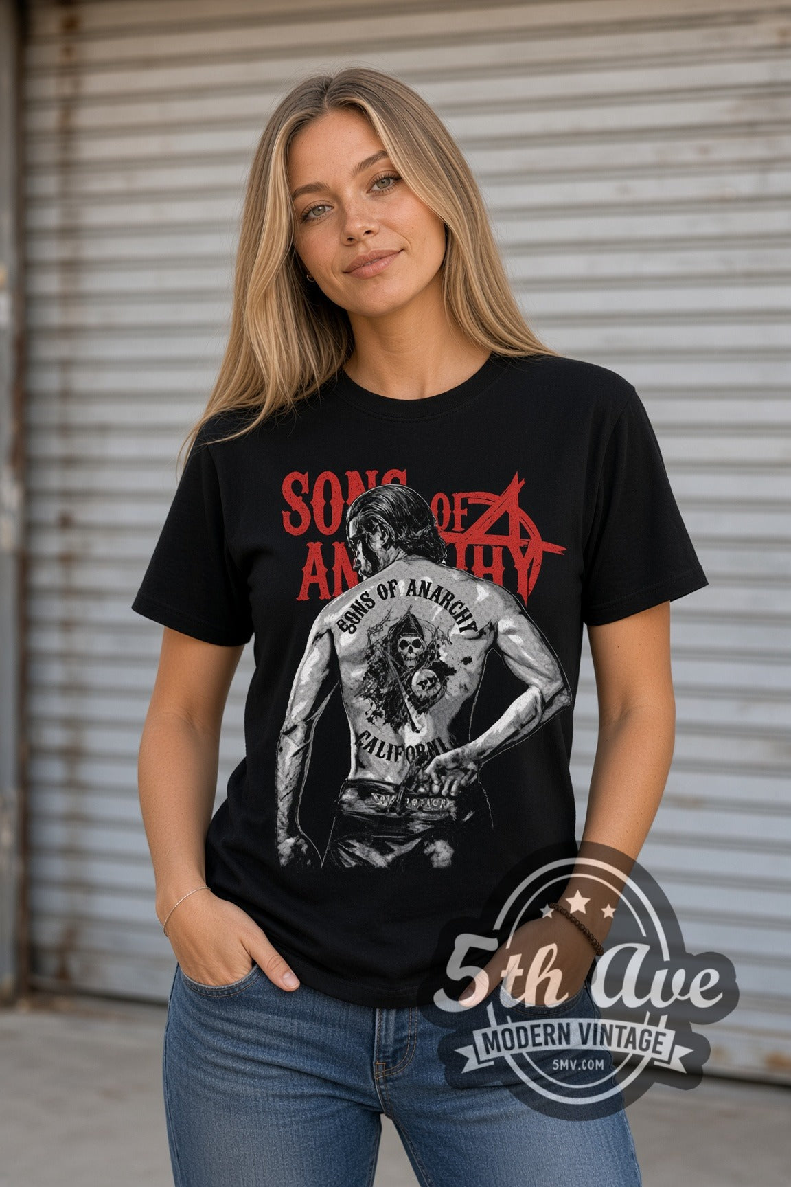 Woman wearing Sons of Anarchy Jax Back Patch double stitched black graphic tee