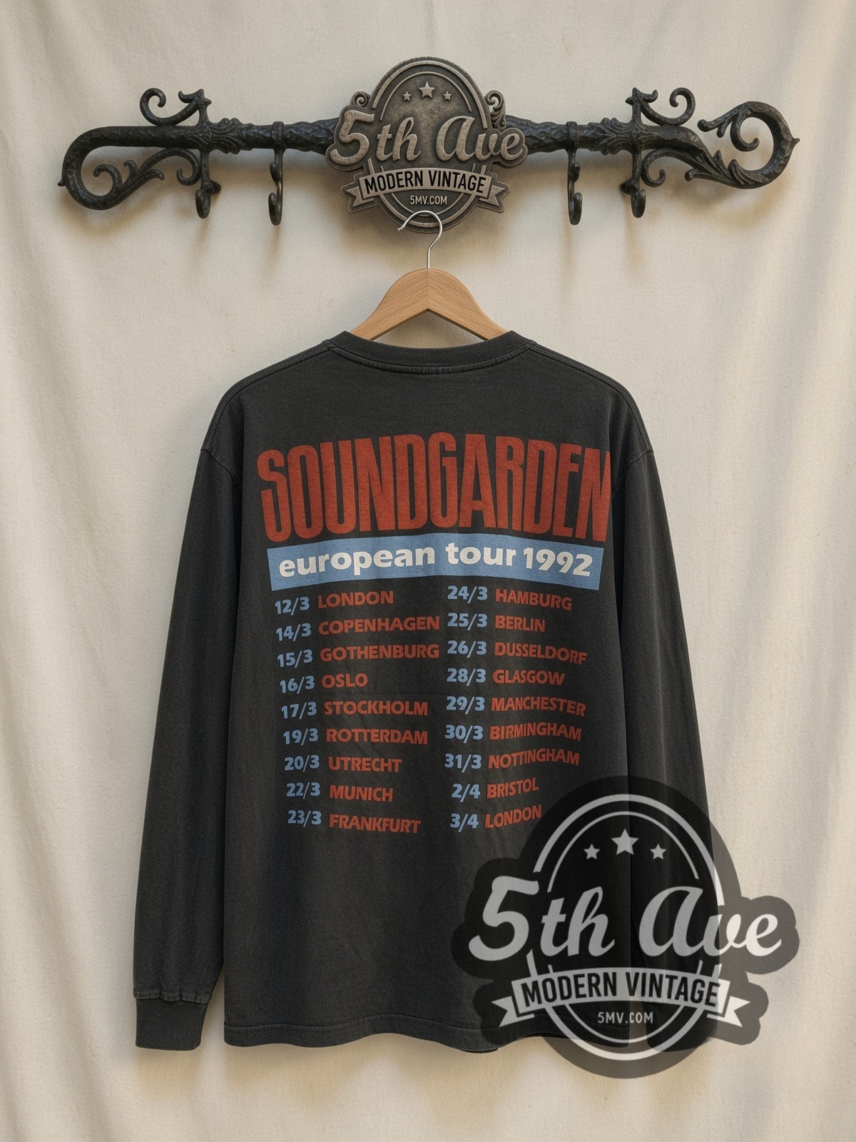 Soundgarden European Tour 1992 vintage band long sleeve t-shirt, back view on a display rack