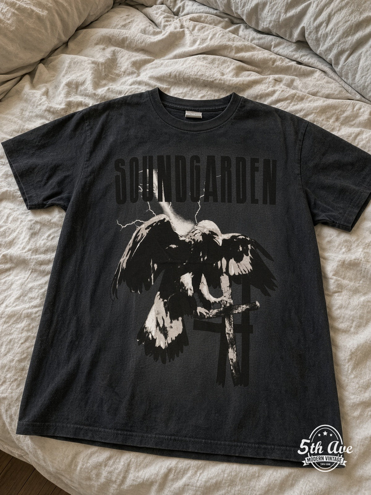 Soundgarden Half Alive Raven Cross vintage tee laid on bed