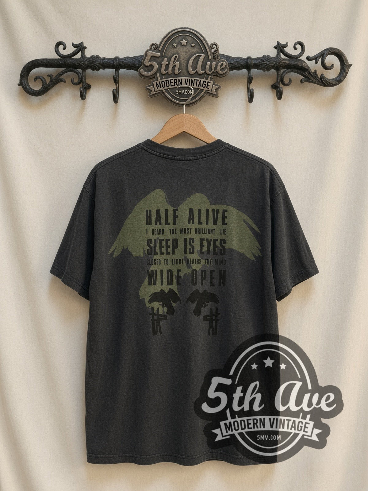 Soundgarden Half Alive Raven Cross vintage band t-shirt, back view on a display rack