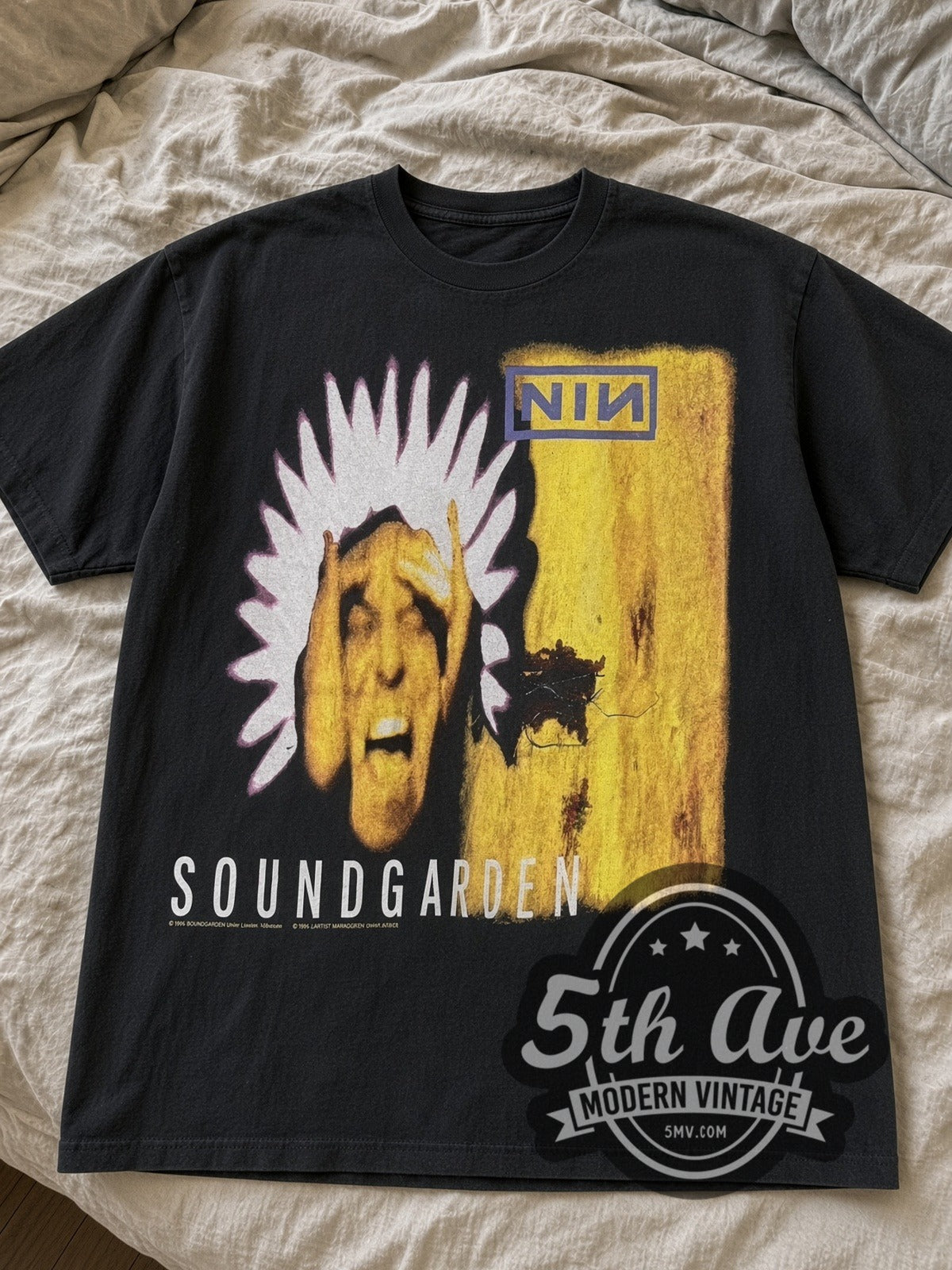 Black Soundgarden & Nine Inch Nails Molson Park Barrie Aug 6 1994 tee laid flat on linen bed