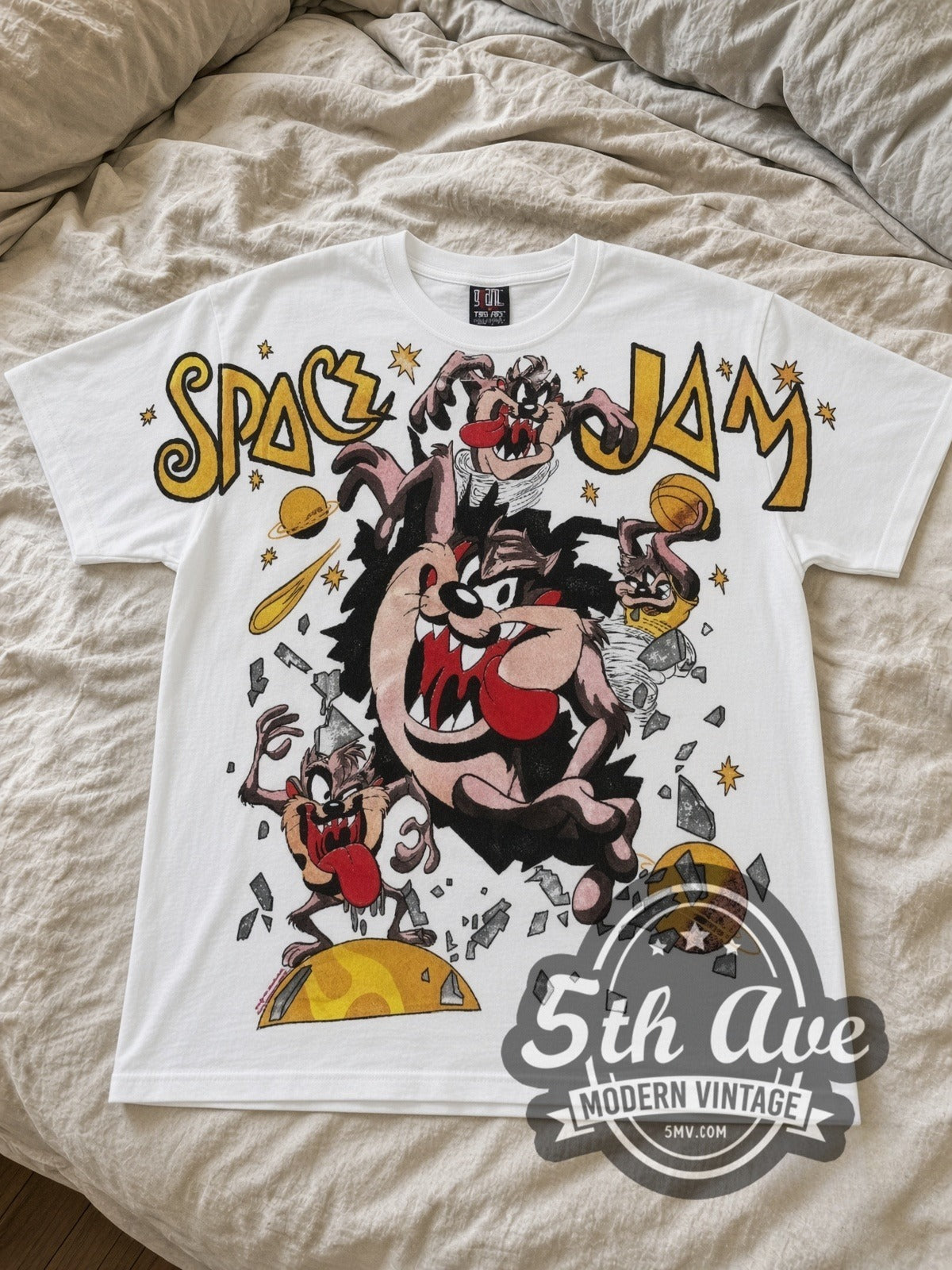 Space Jam Taz Center Court all-over-print vintage cartoon tee in white laid flat