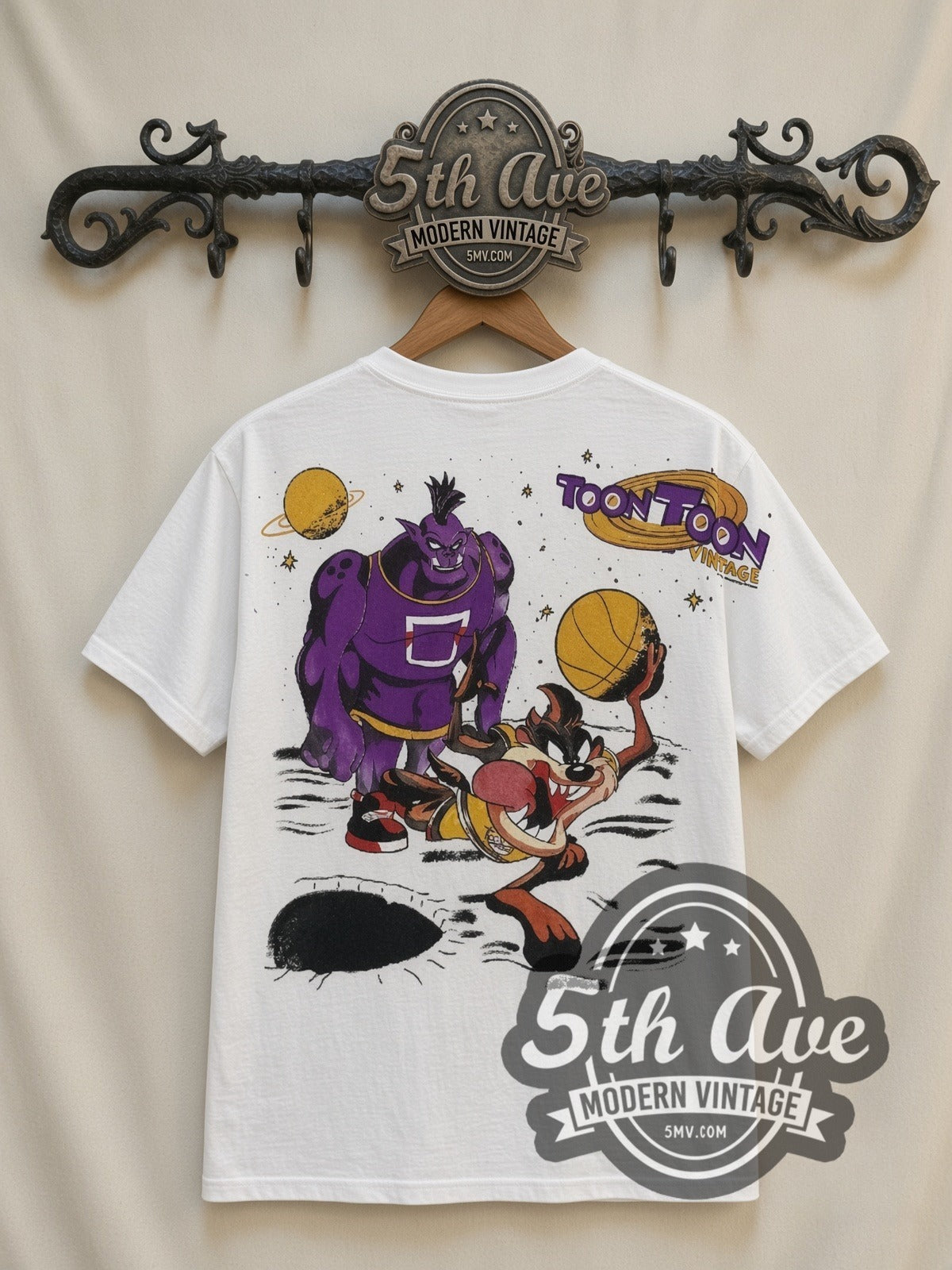Space Jam Taz Center Court all-over-print vintage cartoon t-shirt in white, back view on a display rack
