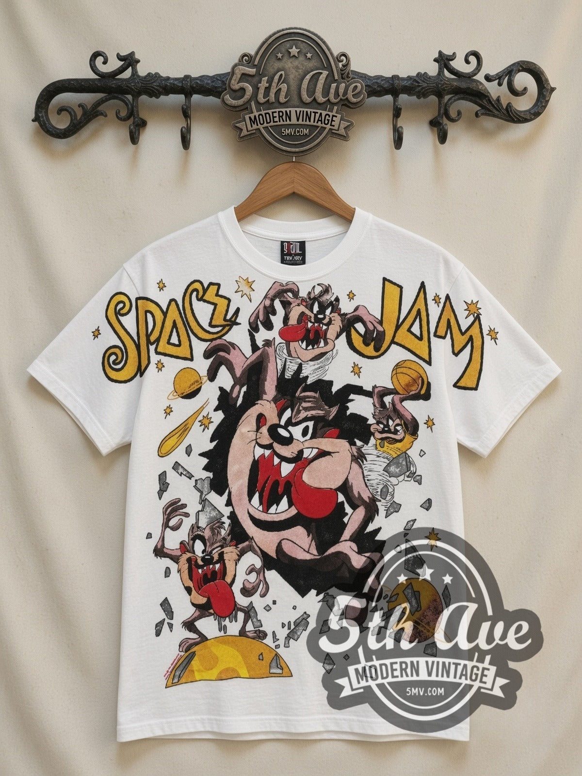 Space Jam Taz Center Court all-over-print vintage cartoon t-shirt in white, front view on a display rack
