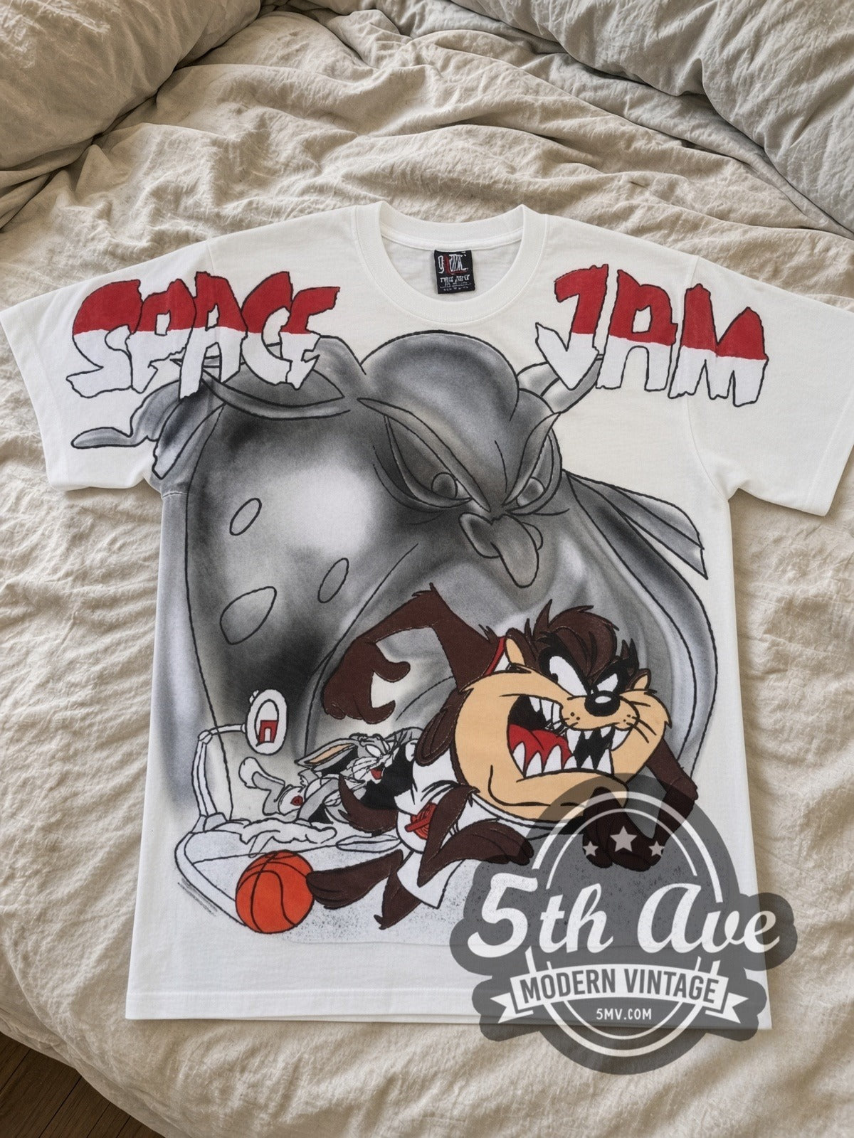 Space Jam Taz & Monstar all-over-print vintage cartoon tee in white laid flat